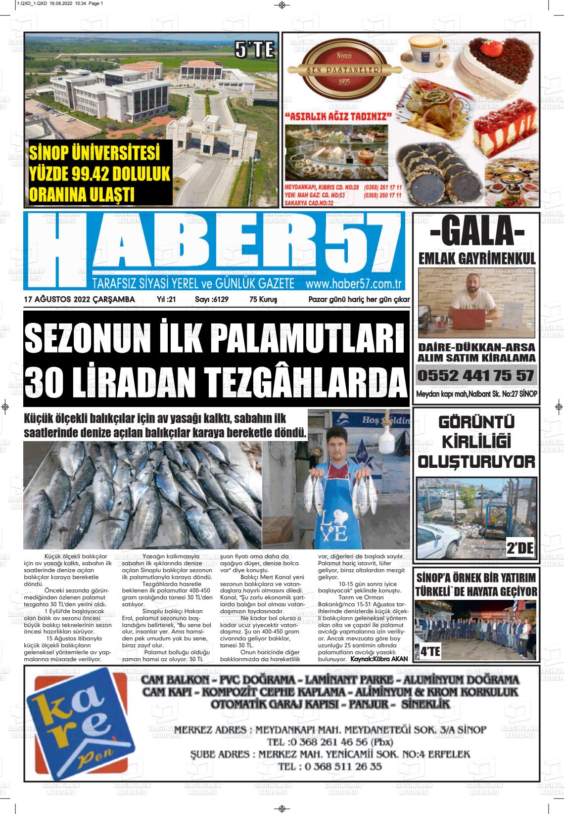 17 Ağustos 2022 Haber 57 Gazete Manşeti