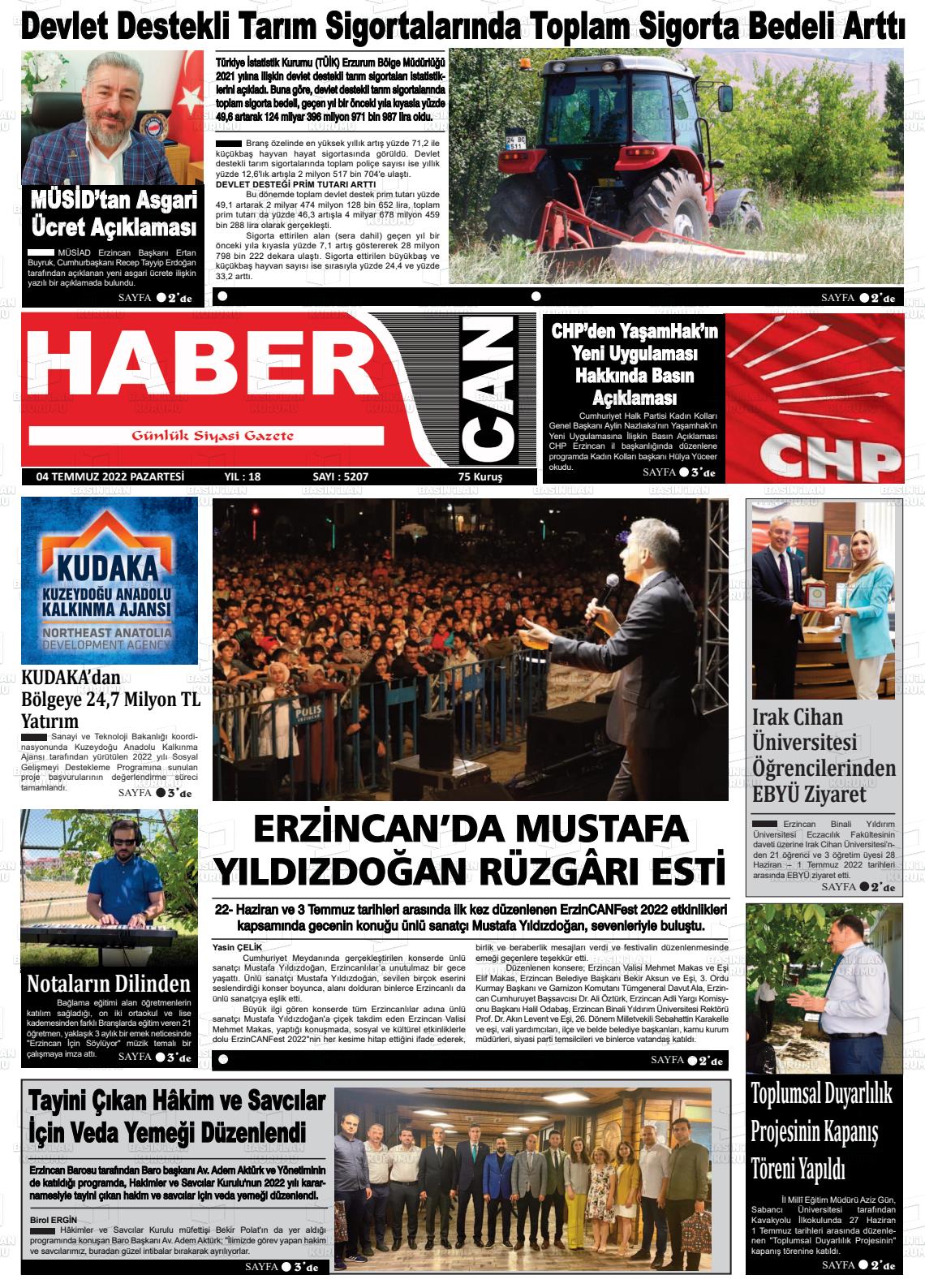 04 Temmuz 2022 Erzincan Habercan Gazete Manşeti