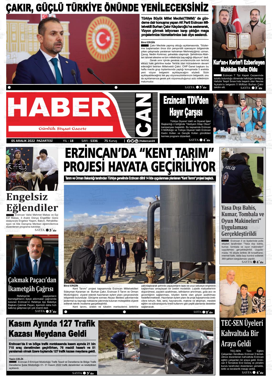 05 Aralık 2022 Erzincan Habercan Gazete Manşeti