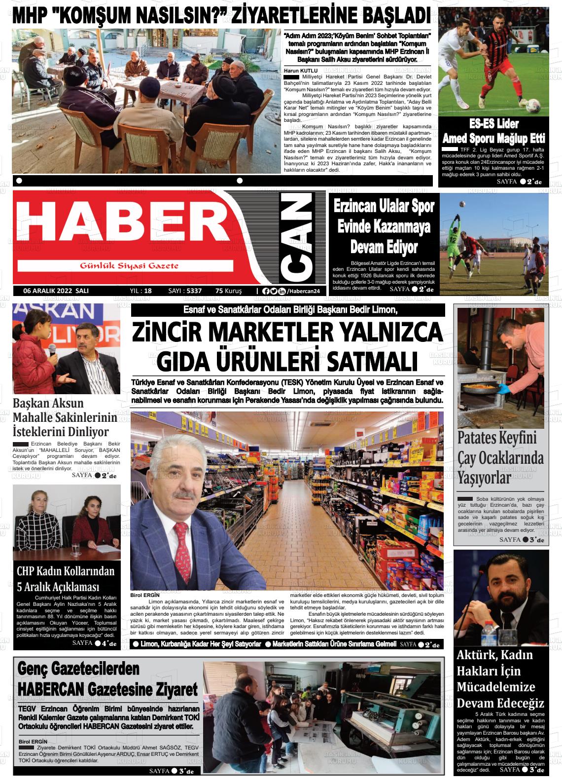 06 Aralık 2022 Erzincan Habercan Gazete Manşeti