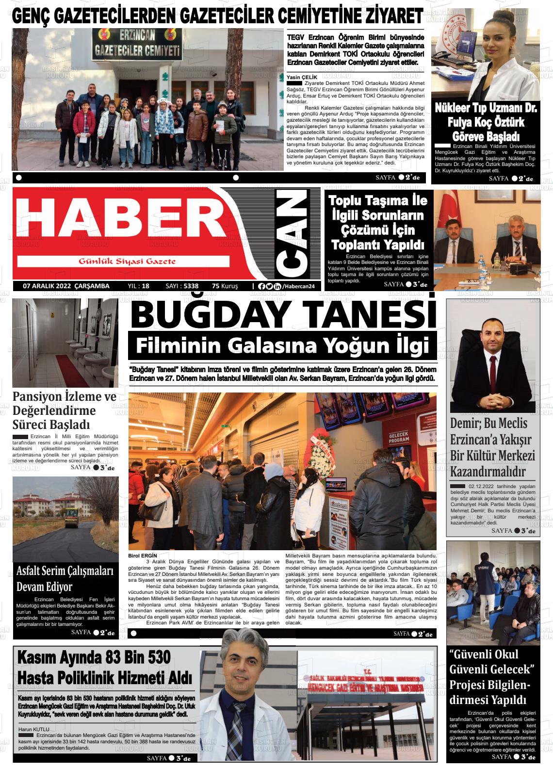 07 Aralık 2022 Erzincan Habercan Gazete Manşeti