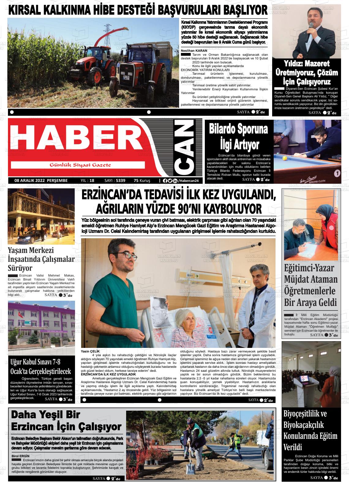 08 Aralık 2022 Erzincan Habercan Gazete Manşeti
