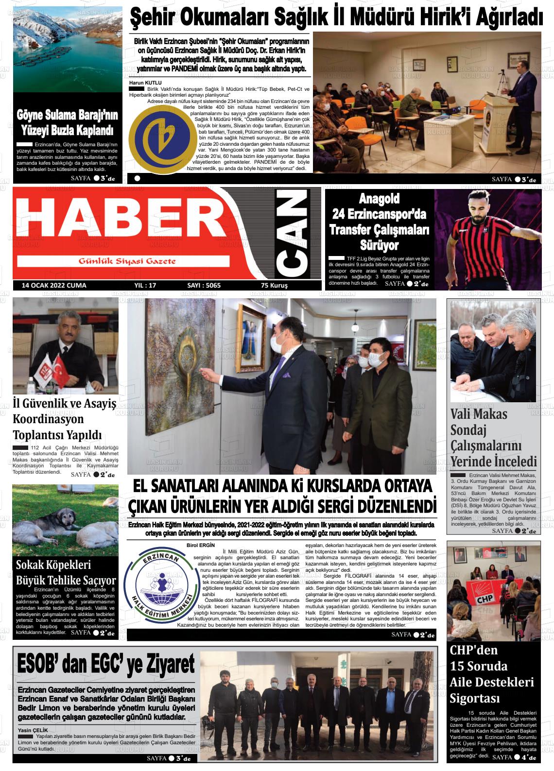 14 Ocak 2022 Erzincan Habercan Gazete Manşeti