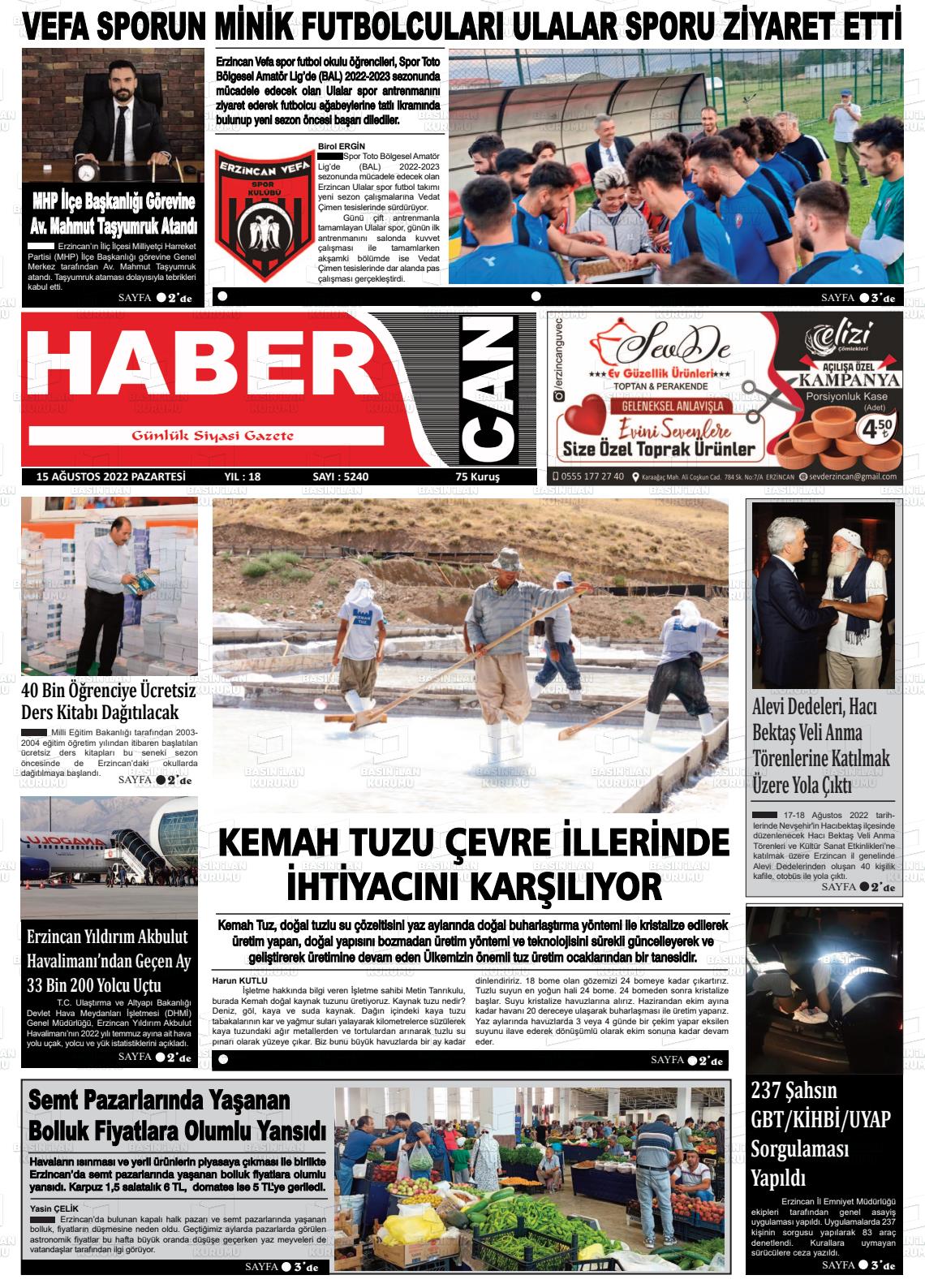 15 Ağustos 2022 Erzincan Habercan Gazete Manşeti