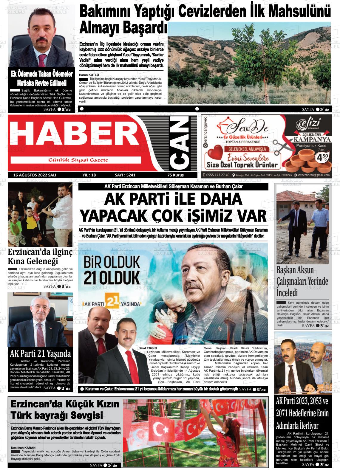 16 Ağustos 2022 Erzincan Habercan Gazete Manşeti