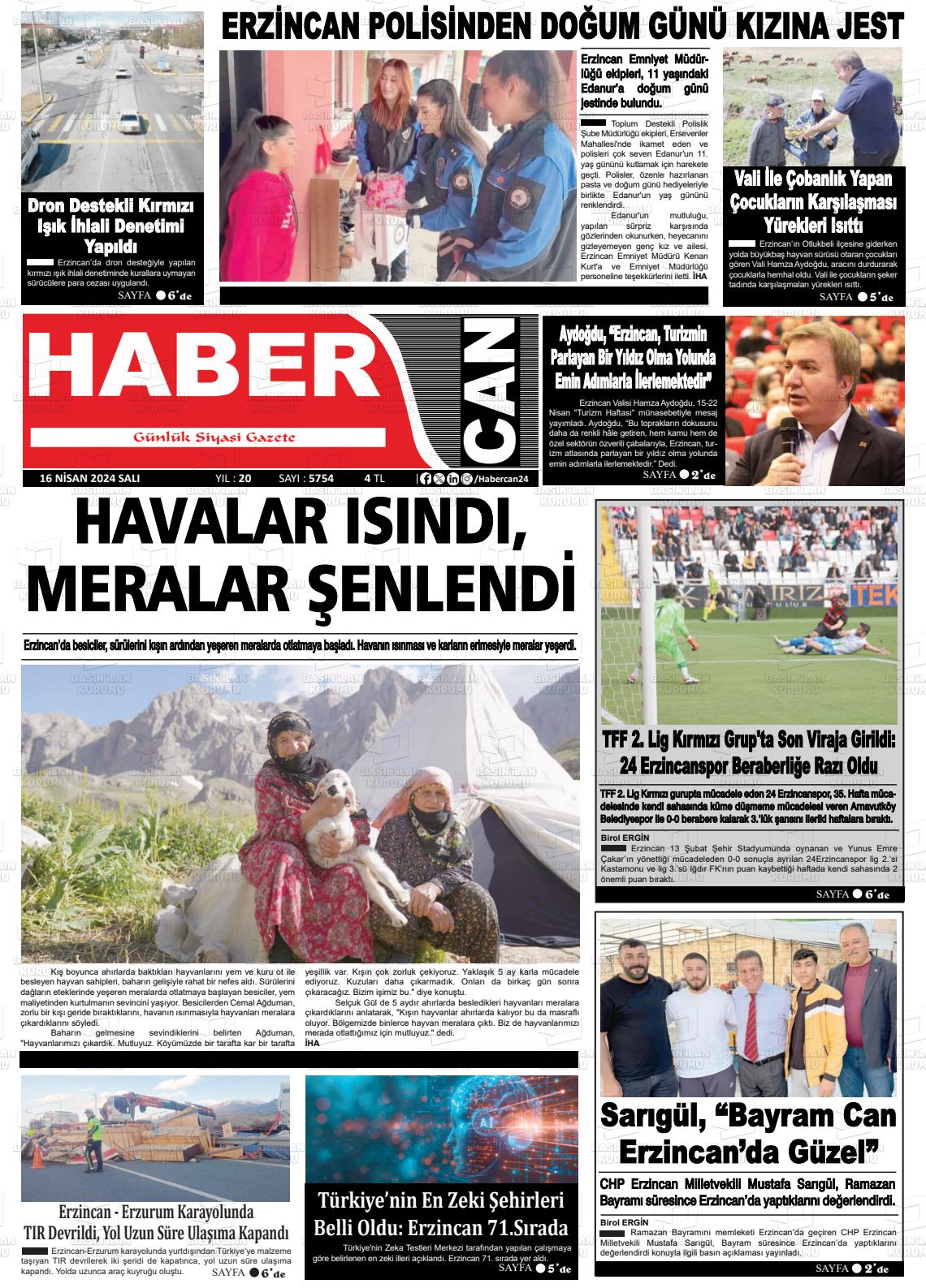 18 Nisan 2024 Erzincan Habercan Gazete Manşeti