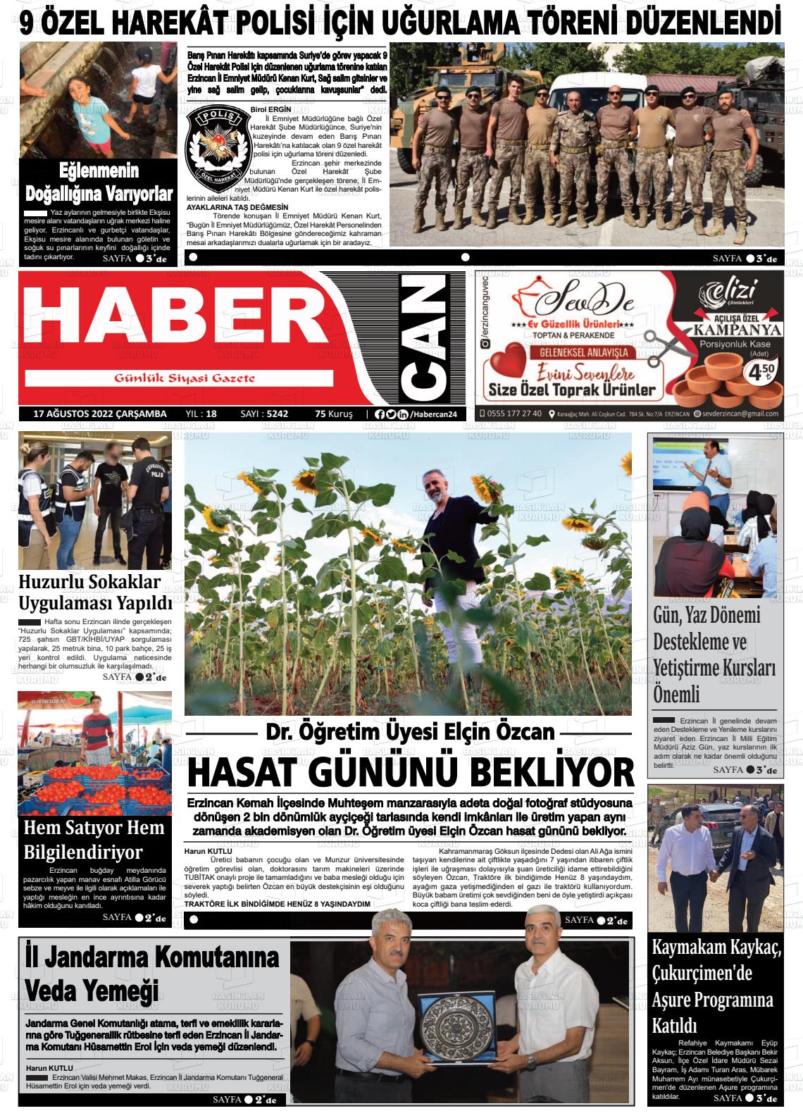 17 Ağustos 2022 Erzincan Habercan Gazete Manşeti