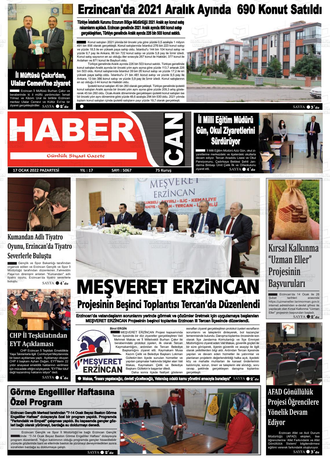 17 Ocak 2022 Erzincan Habercan Gazete Manşeti