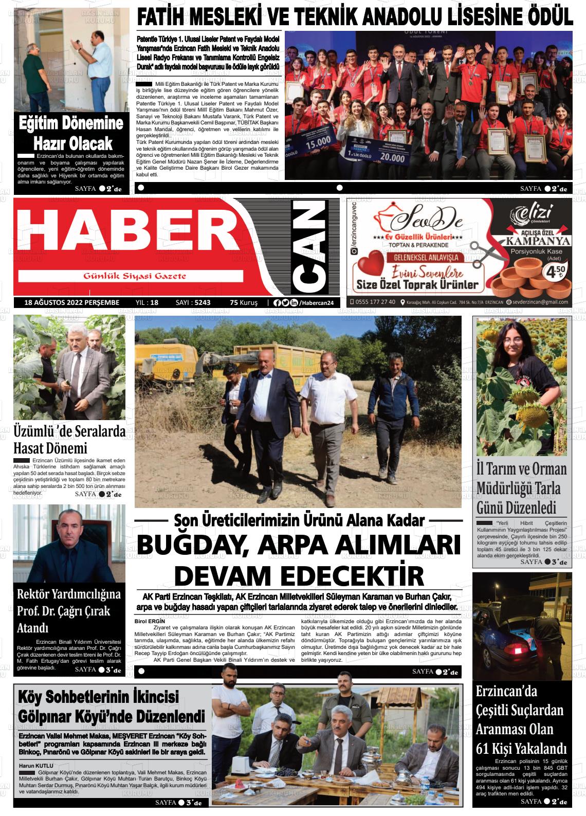 Erzincan Habercan Gazete Manşeti