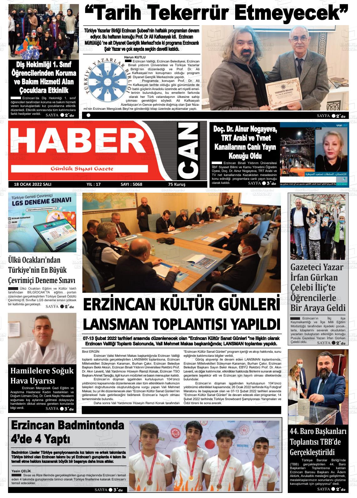 18 Ocak 2022 Erzincan Habercan Gazete Manşeti