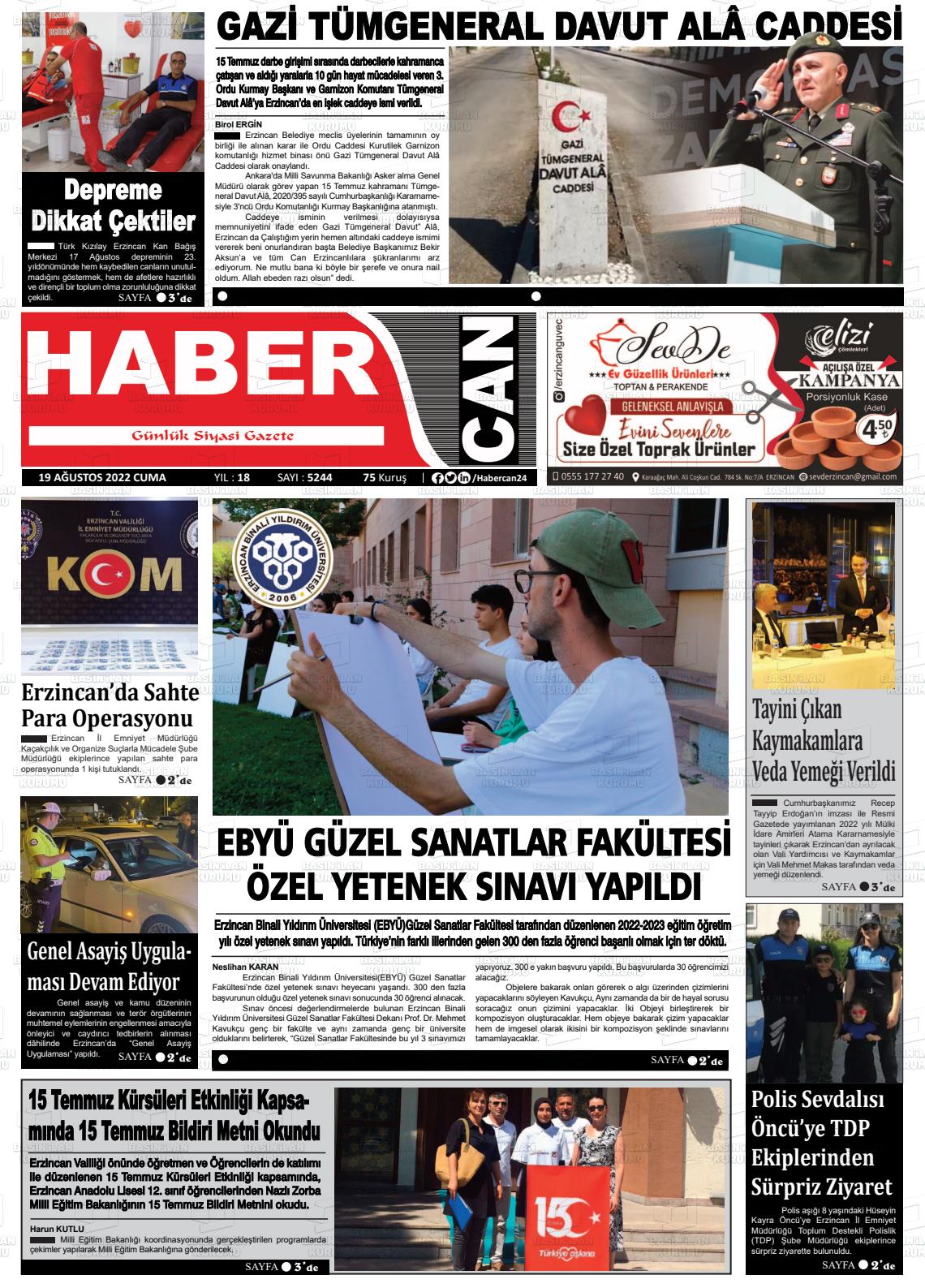 19 Ağustos 2022 Erzincan Habercan Gazete Manşeti