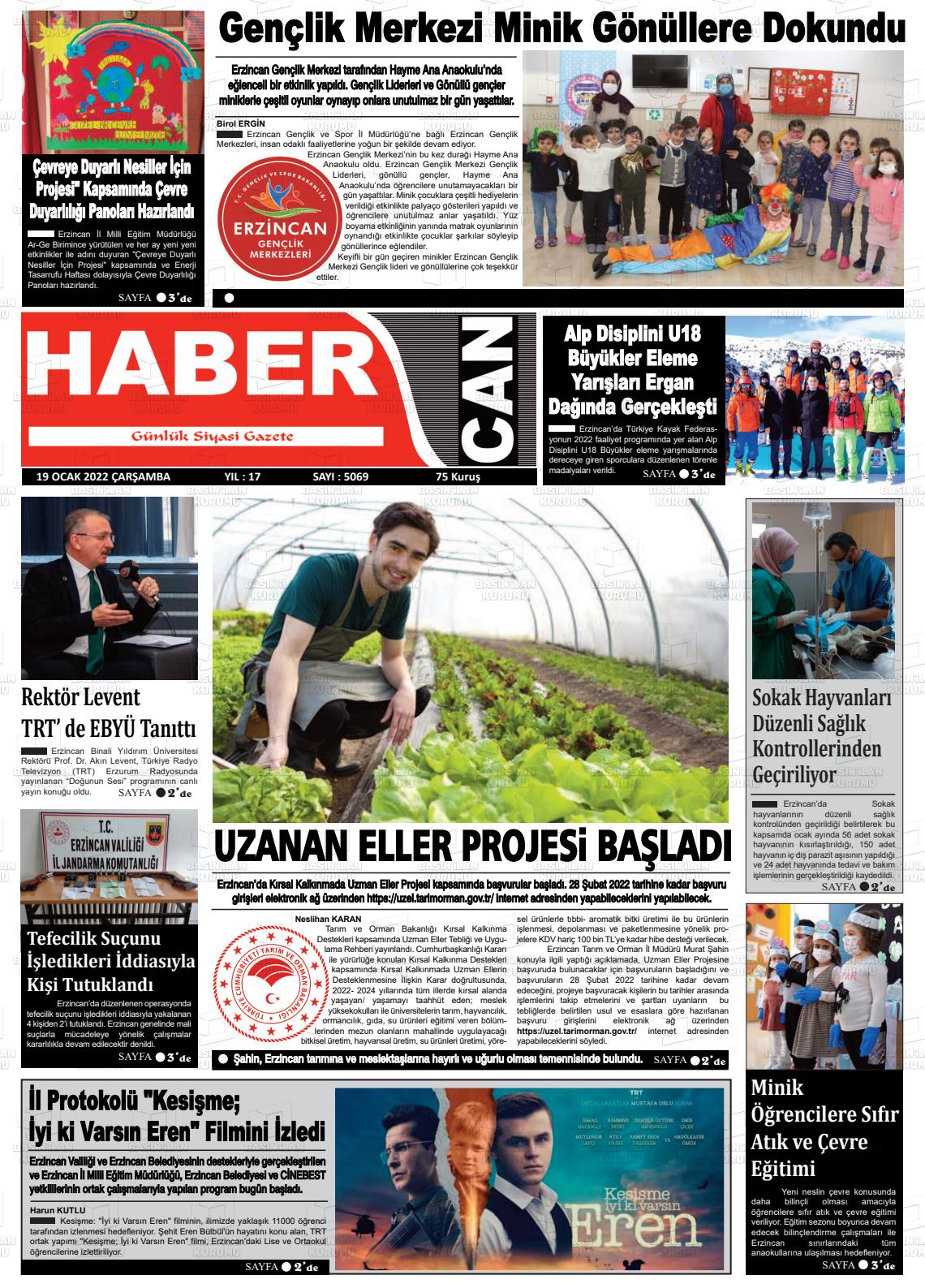 19 Ocak 2022 Erzincan Habercan Gazete Manşeti