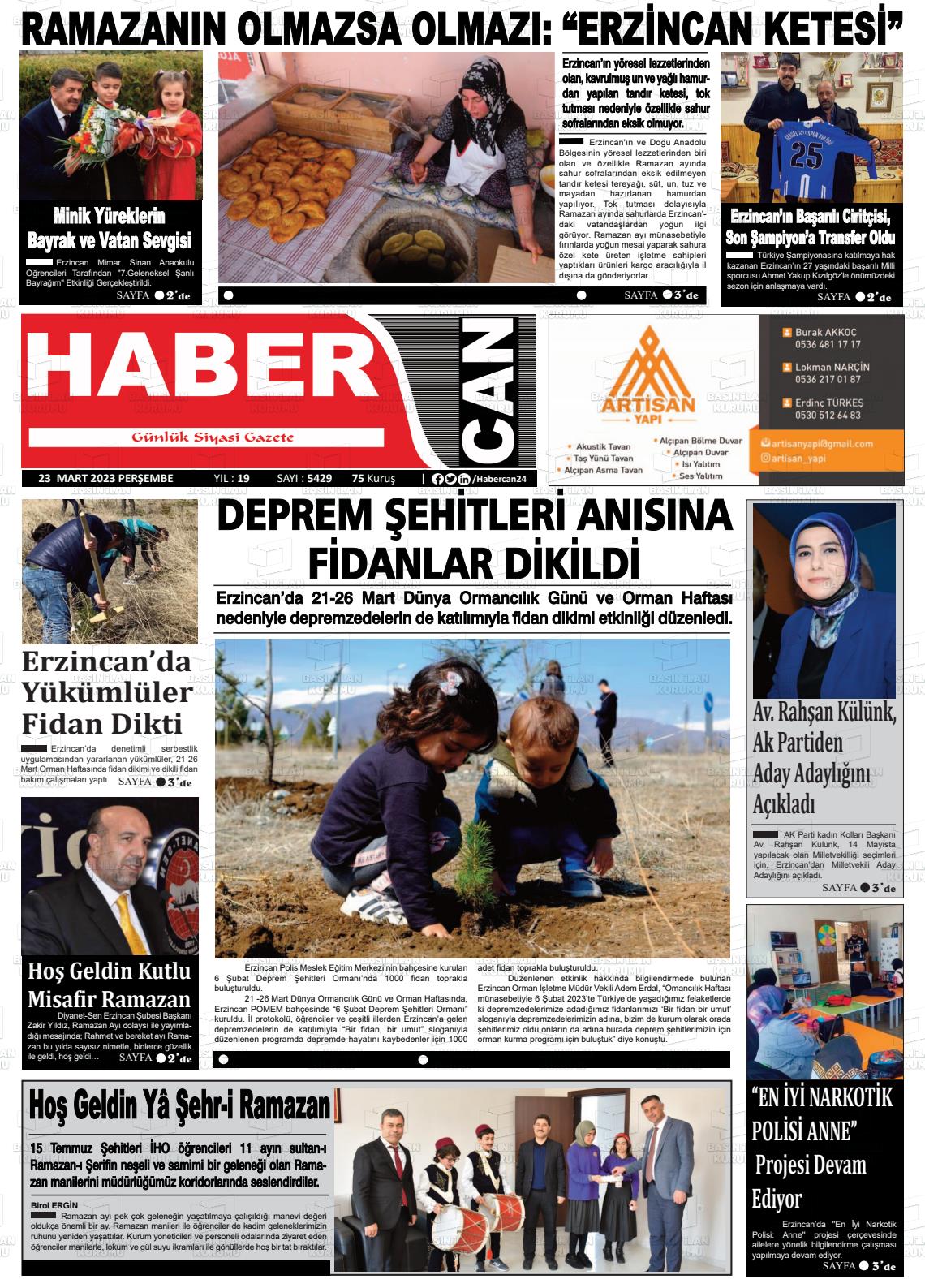 23 Mart 2023 Erzincan Habercan Gazete Manşeti
