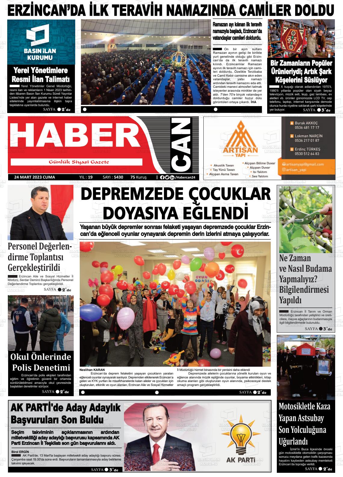 24 Mart 2023 Erzincan Habercan Gazete Manşeti