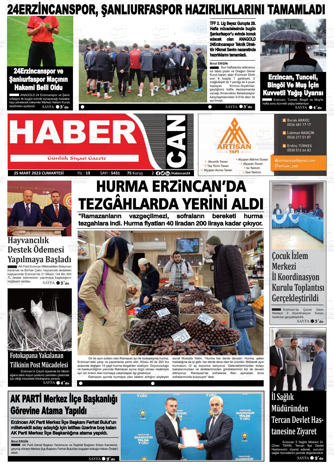 25 Mart 2023 Erzincan Habercan Gazete Manşeti