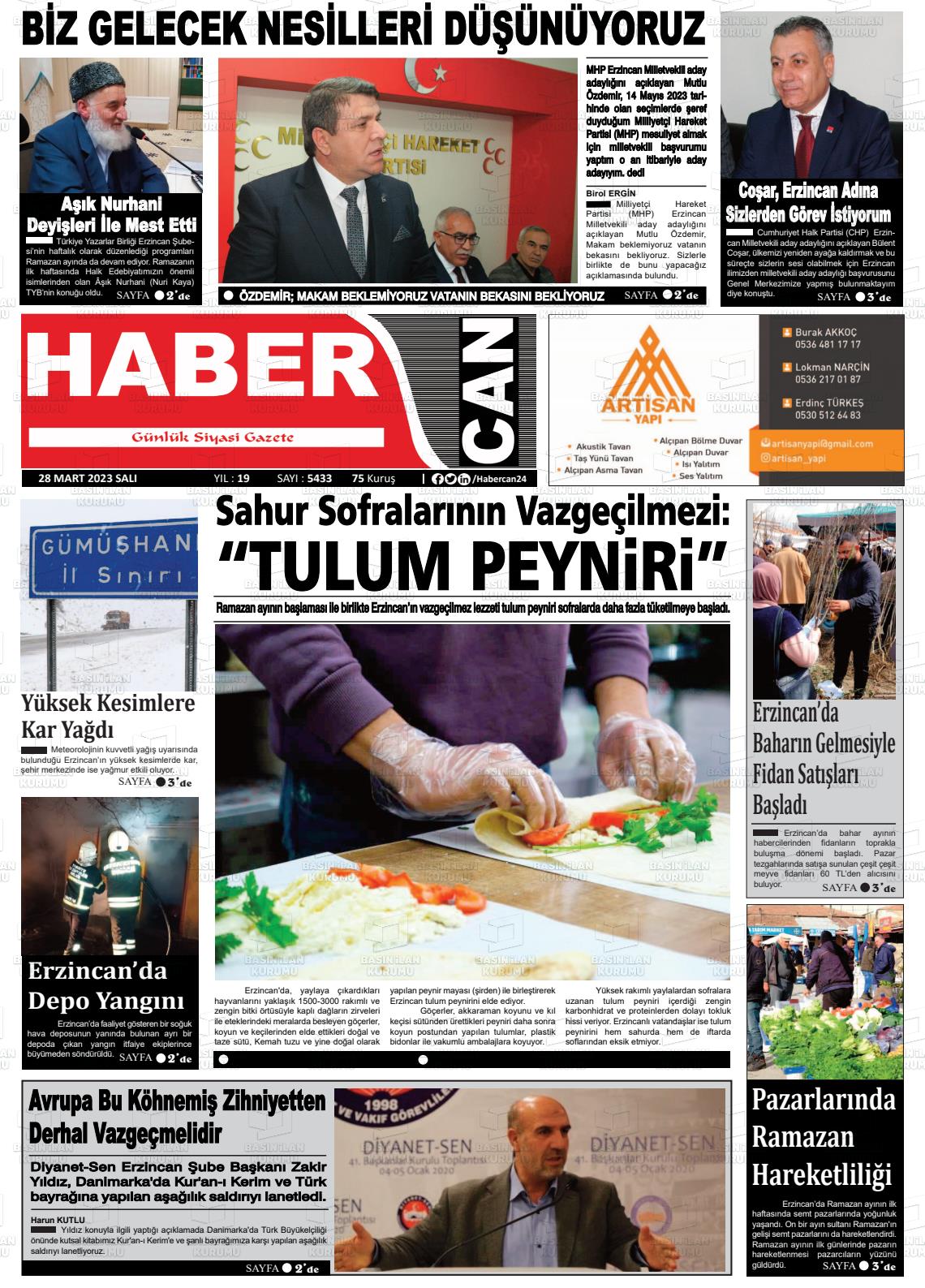 28 Mart 2023 Erzincan Habercan Gazete Manşeti