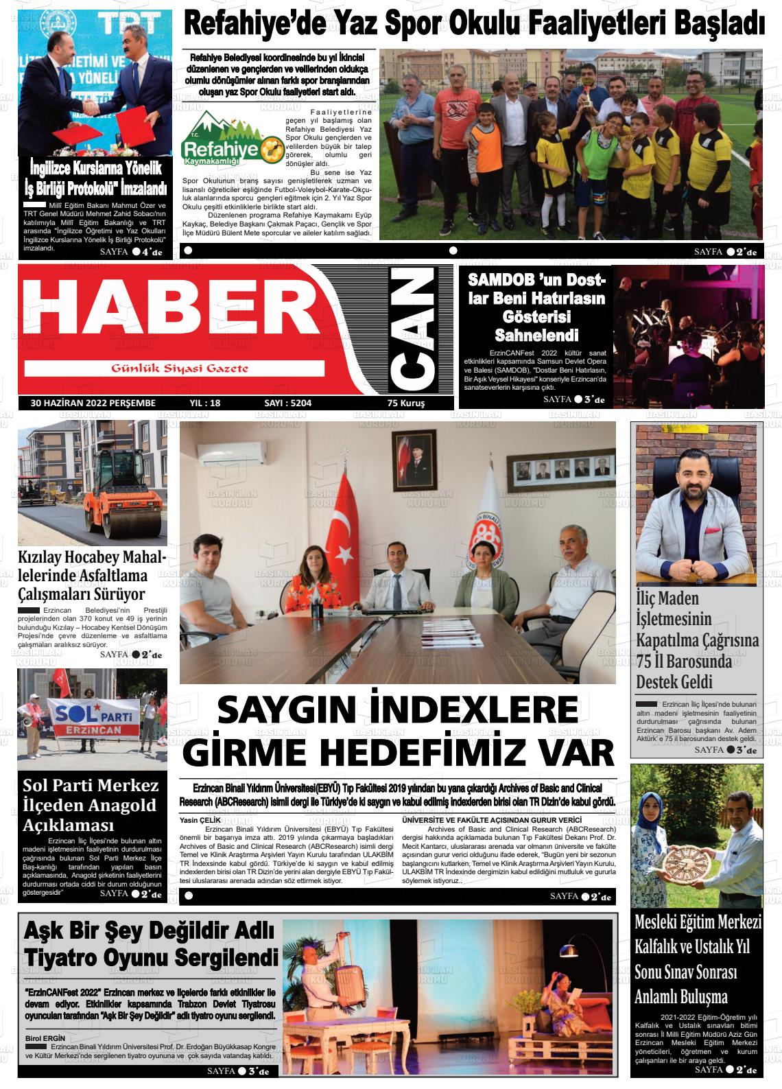 02 Temmuz 2022 Erzincan Habercan Gazete Manşeti