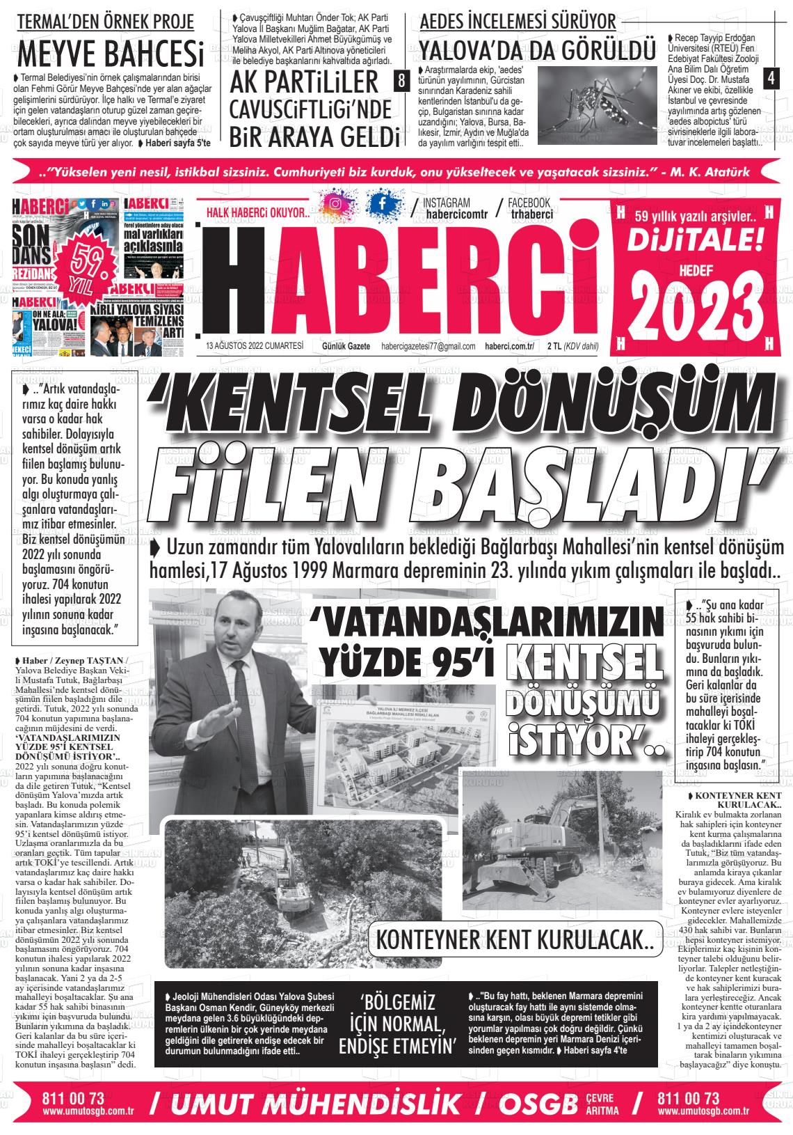 13 Ağustos 2022 Haberci Gazete Manşeti