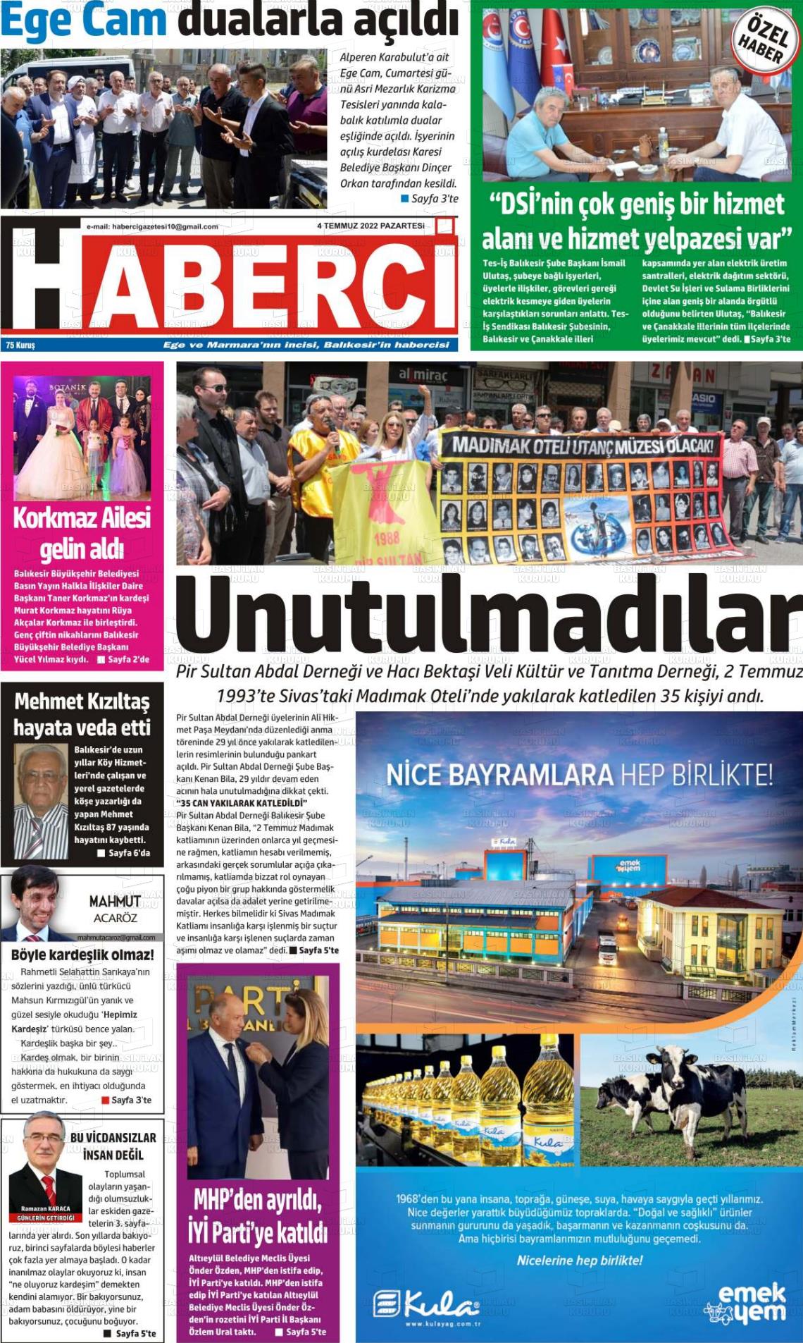 04 Temmuz 2022 Balıkesir Haberci Gazete Manşeti
