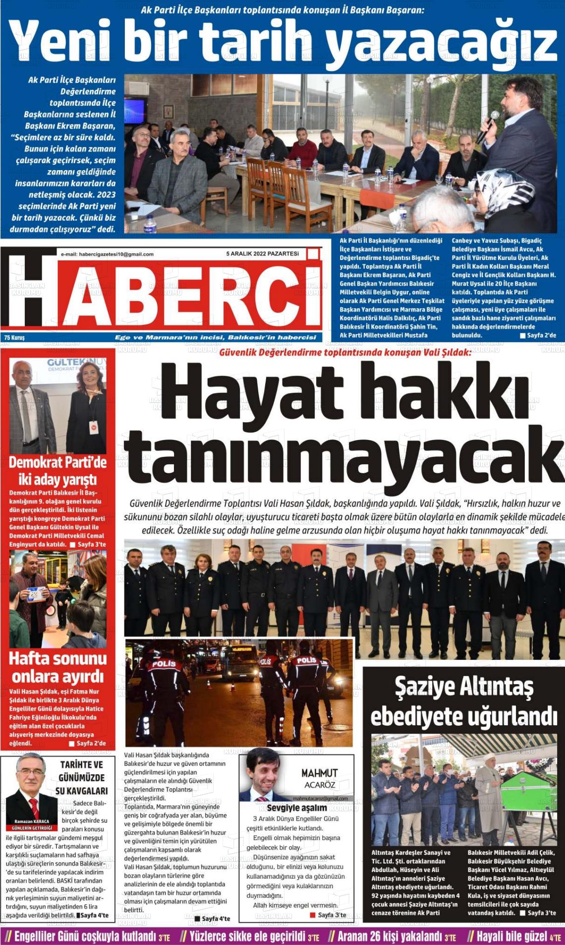 05 Aralık 2022 Balıkesir Haberci Gazete Manşeti