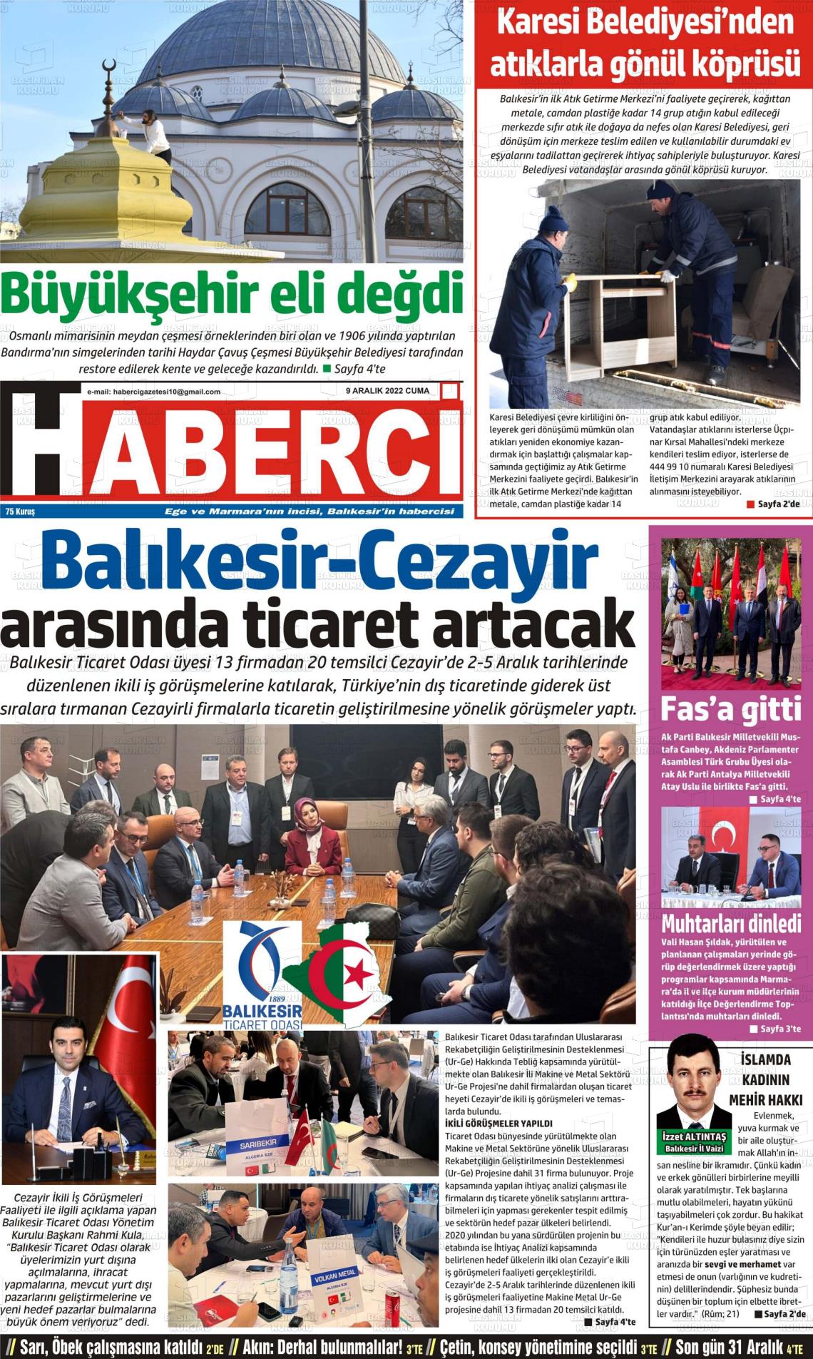 09 Aralık 2022 Balıkesir Haberci Gazete Manşeti