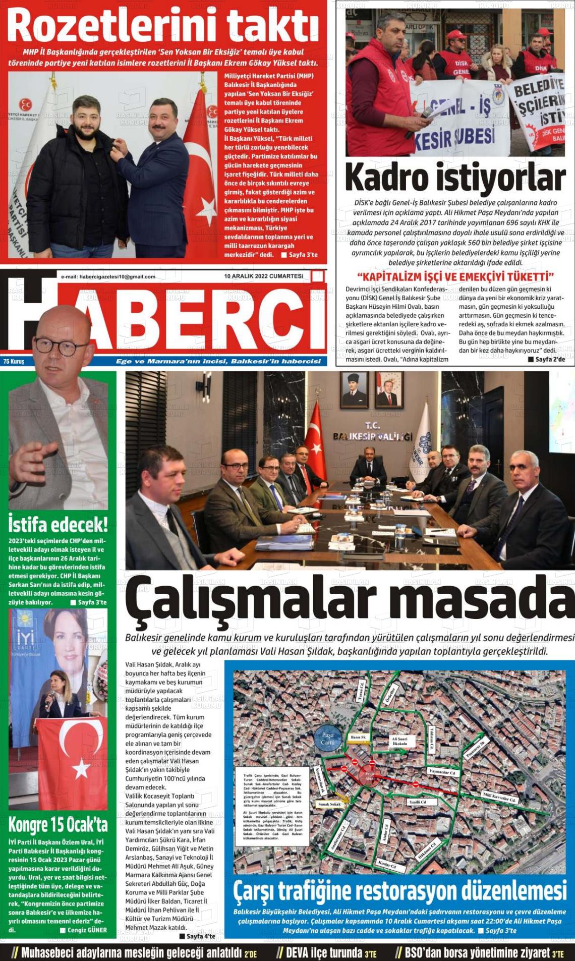 10 Aralık 2022 Balıkesir Haberci Gazete Manşeti