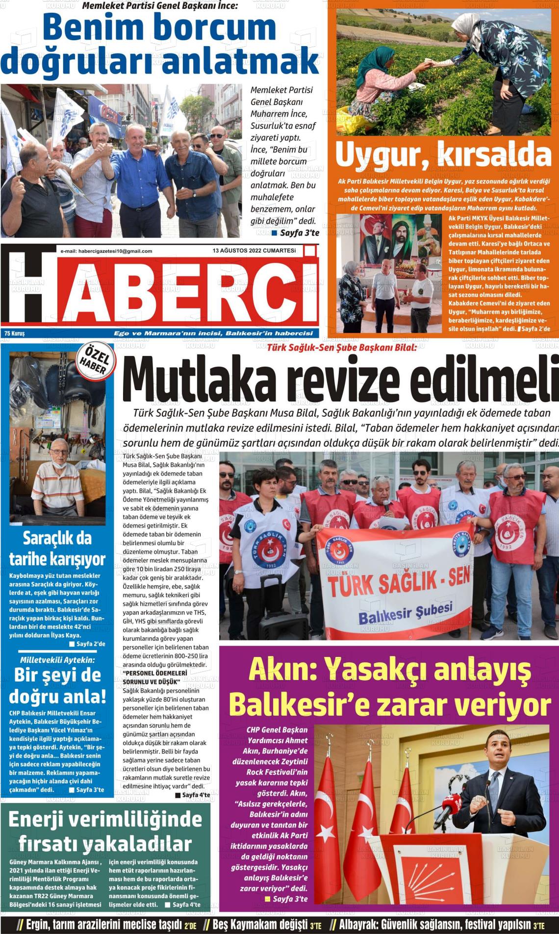 13 Ağustos 2022 Balıkesir Haberci Gazete Manşeti