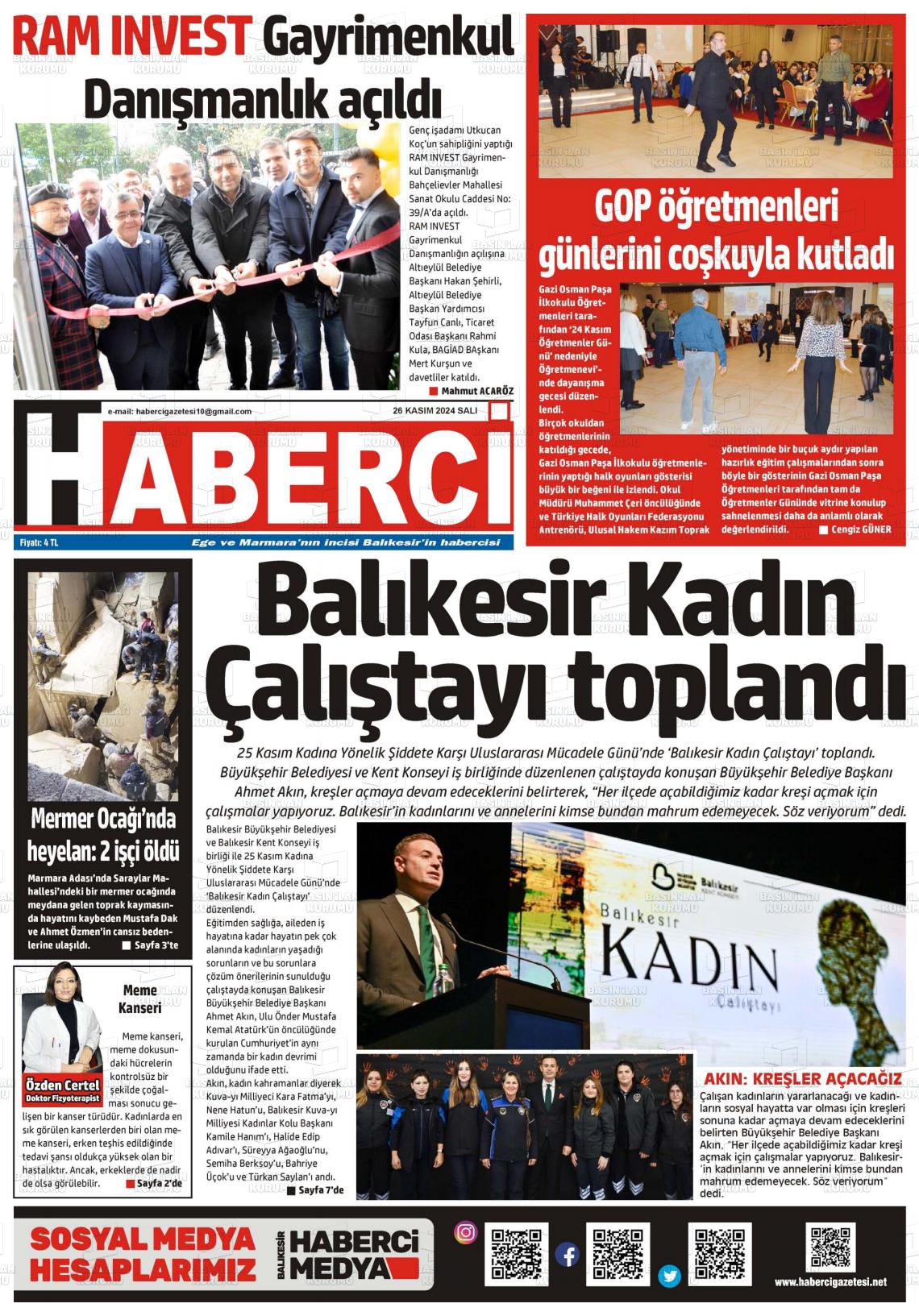 26 Kasım 2024 Balıkesir Haberci Gazete Manşeti