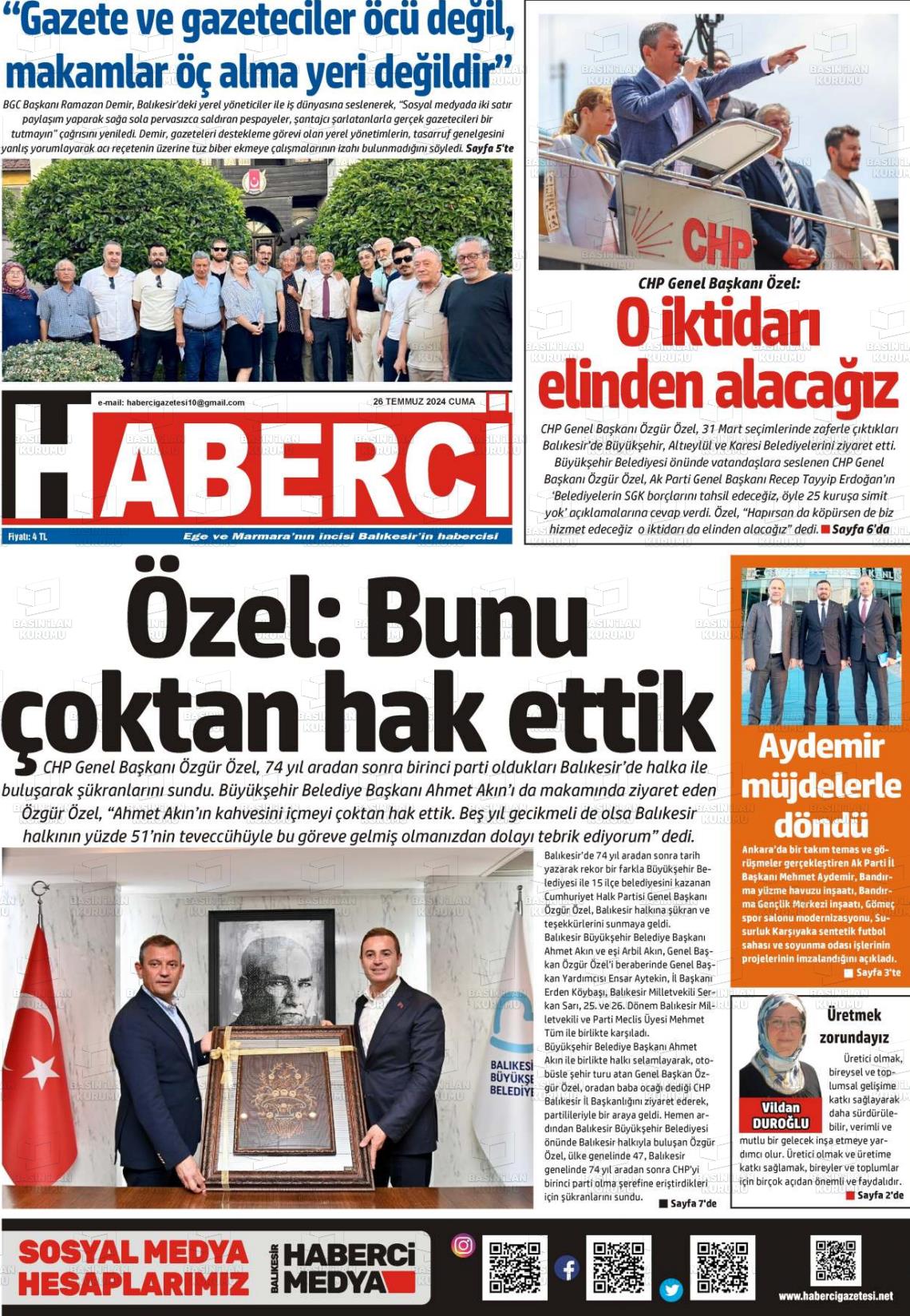 26 Temmuz 2024 Balıkesir Haberci Gazete Manşeti