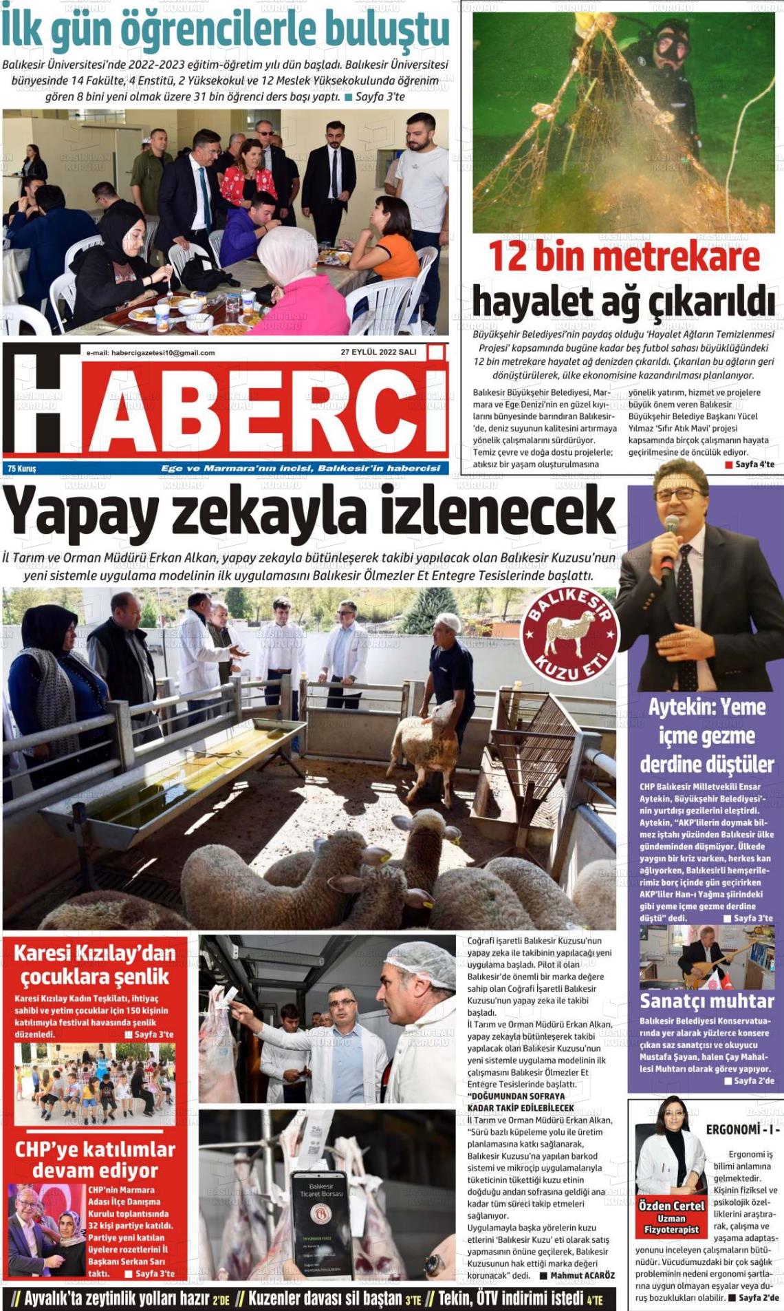27 Eylül 2022 Balıkesir Haberci Gazete Manşeti
