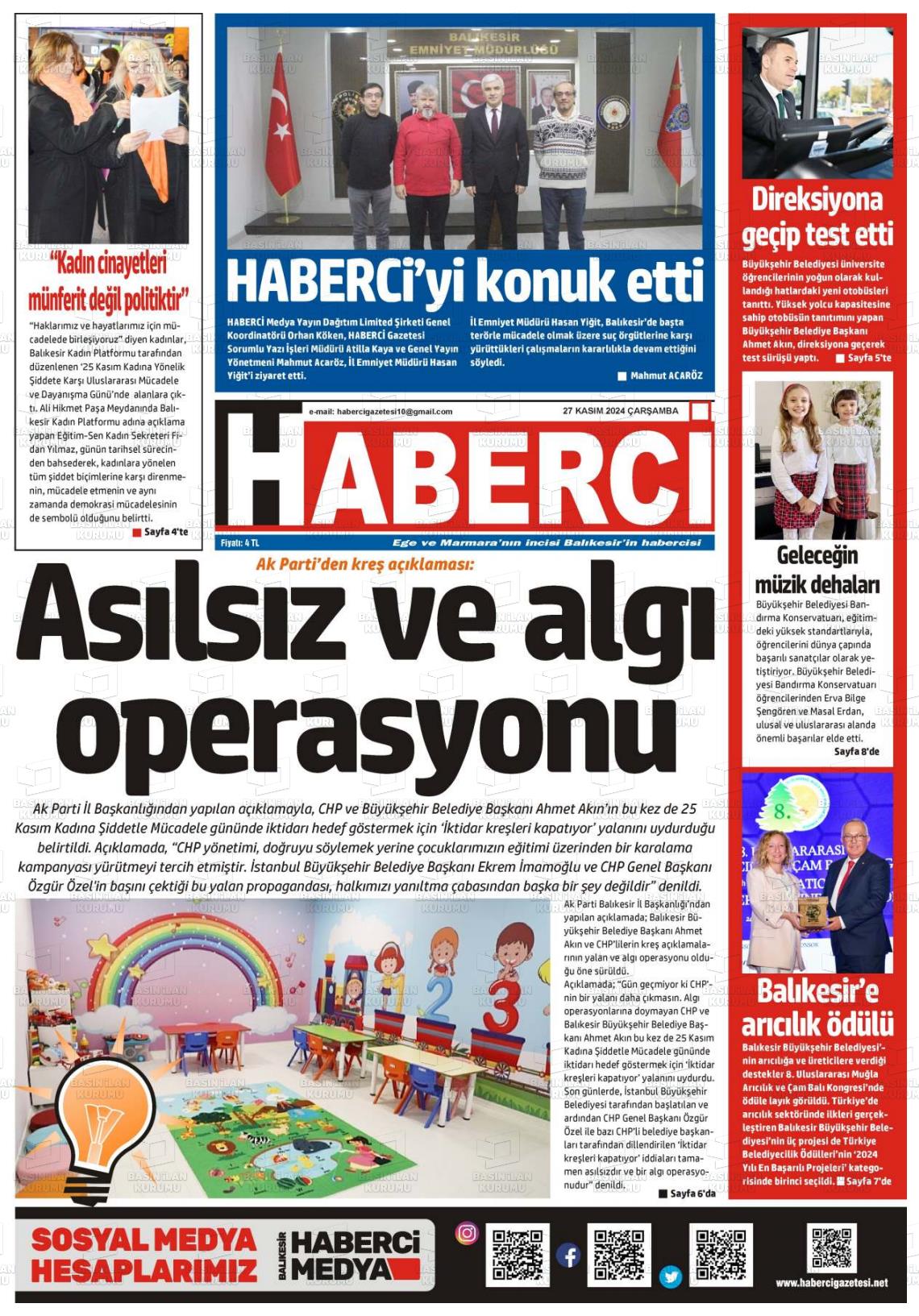 27 Kasım 2024 Balıkesir Haberci Gazete Manşeti