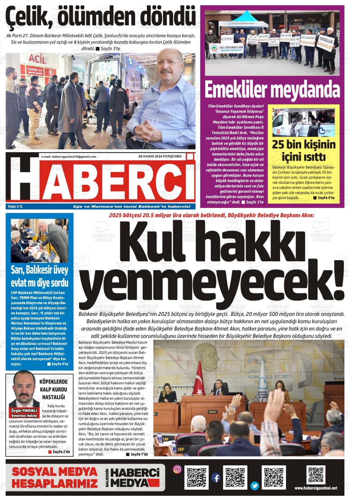 28 Kasım 2024 Balıkesir Haberci Gazete Manşeti