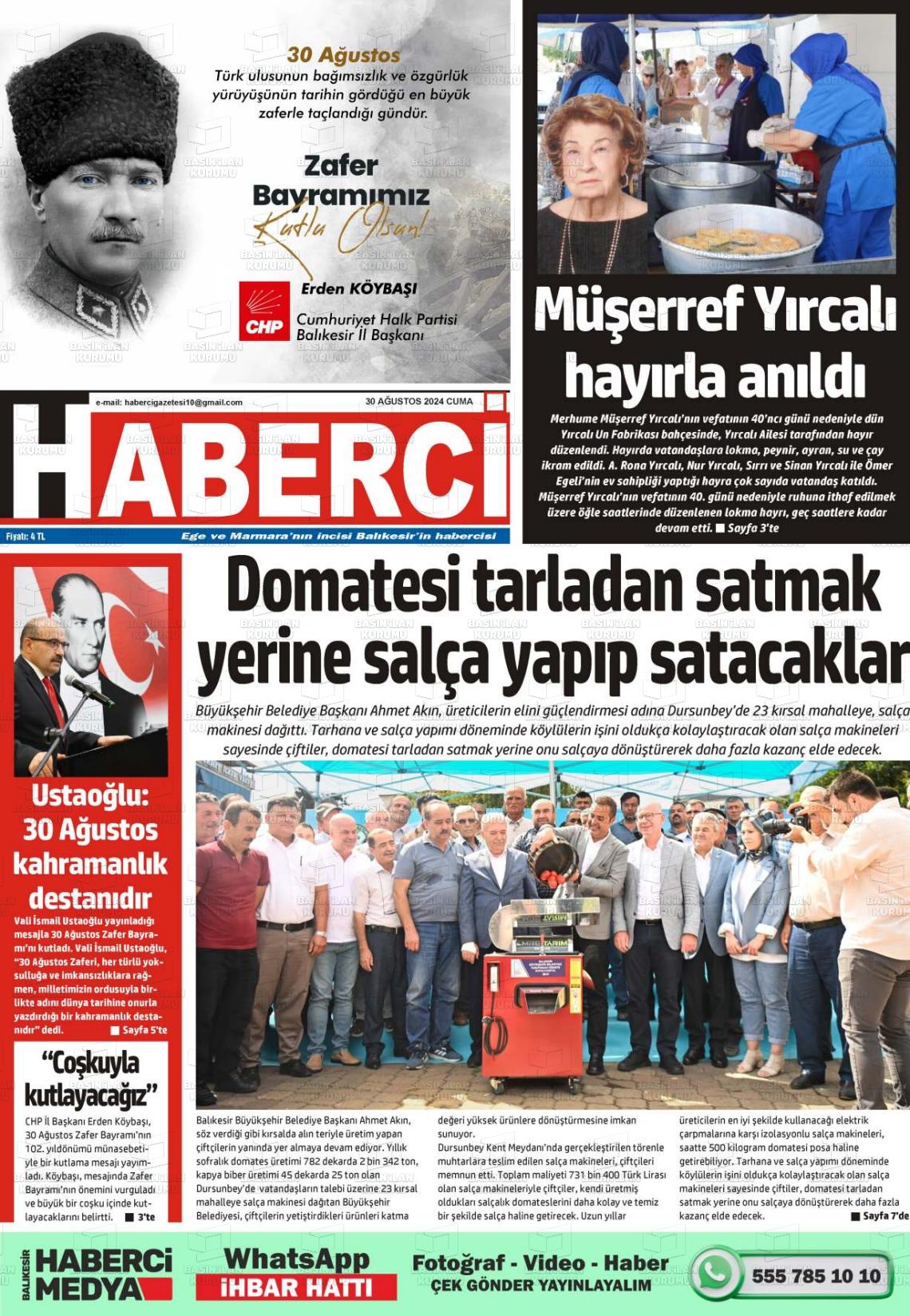 30 Ağustos 2024 Balıkesir Haberci Gazete Manşeti