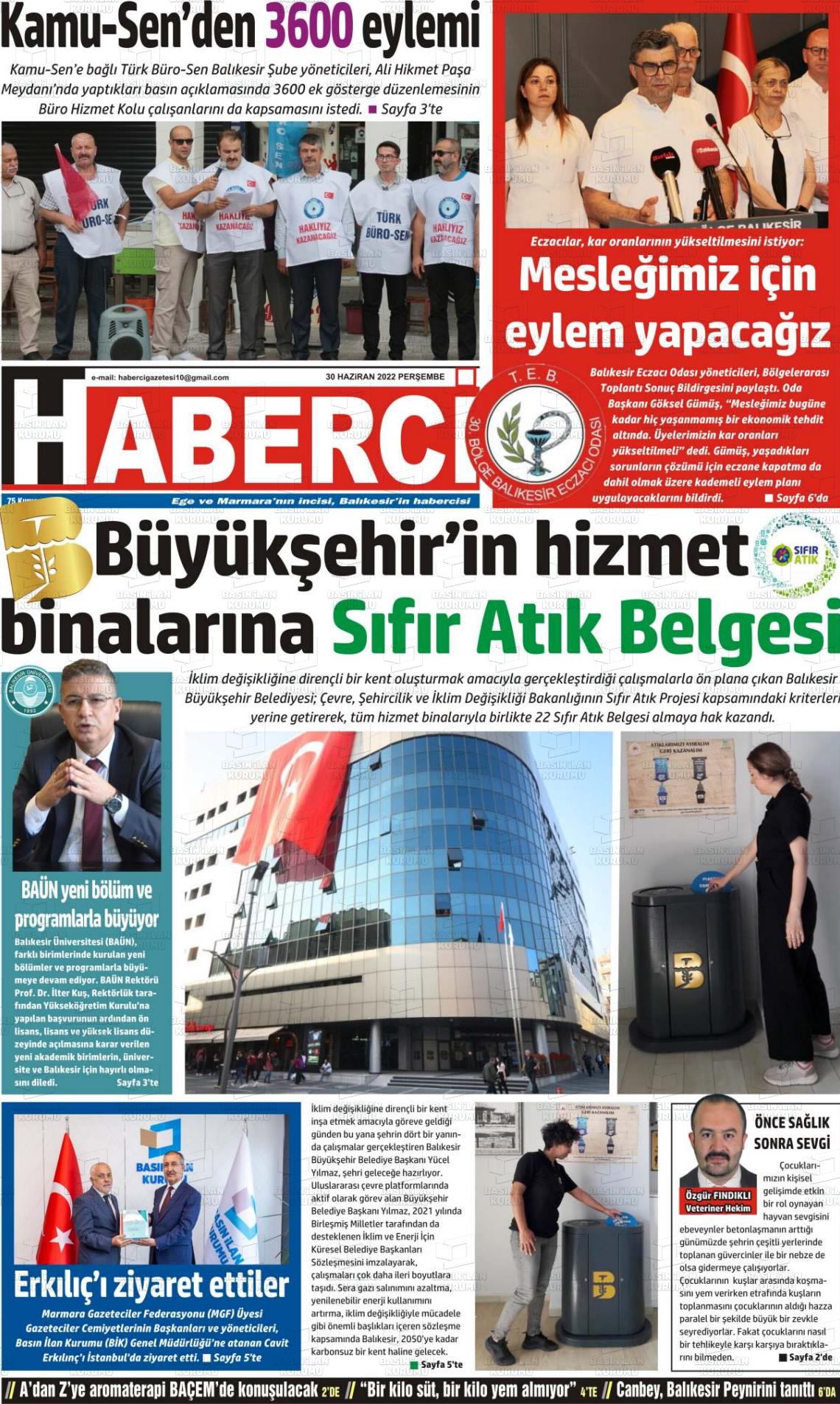 30 Haziran 2022 Balıkesir Haberci Gazete Manşeti