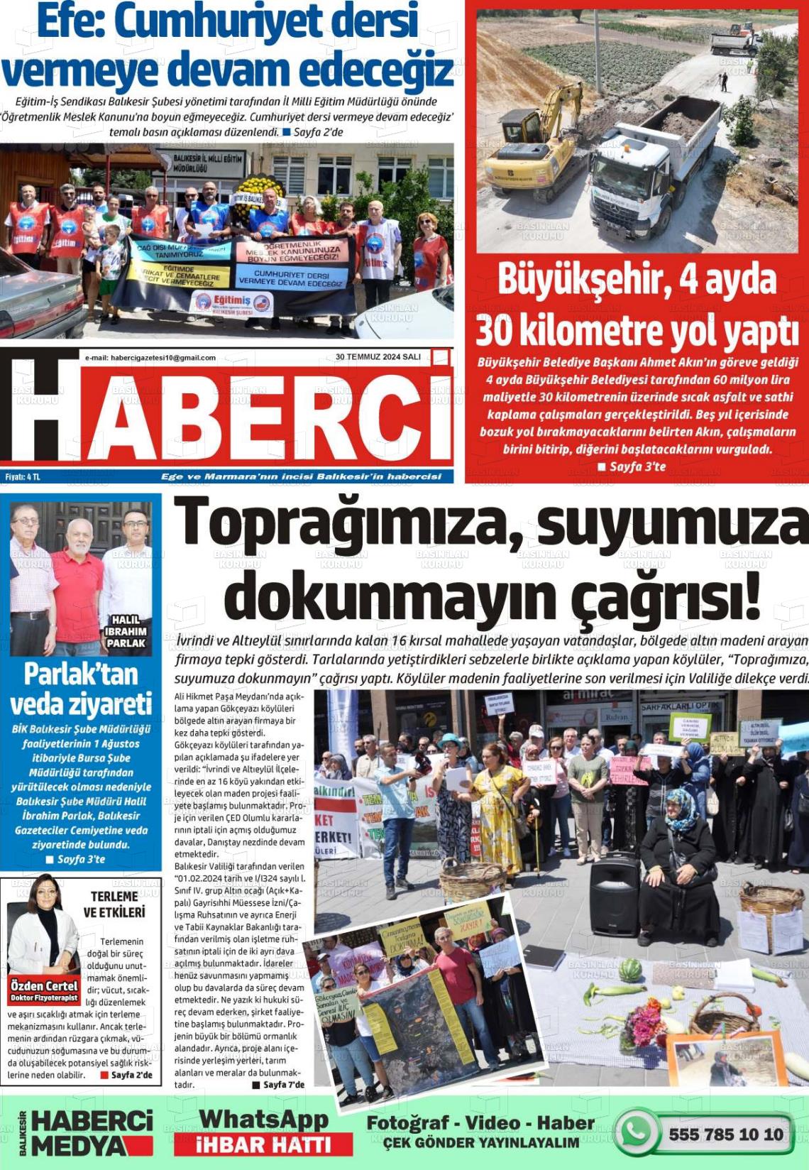 30 Temmuz 2024 Balıkesir Haberci Gazete Manşeti