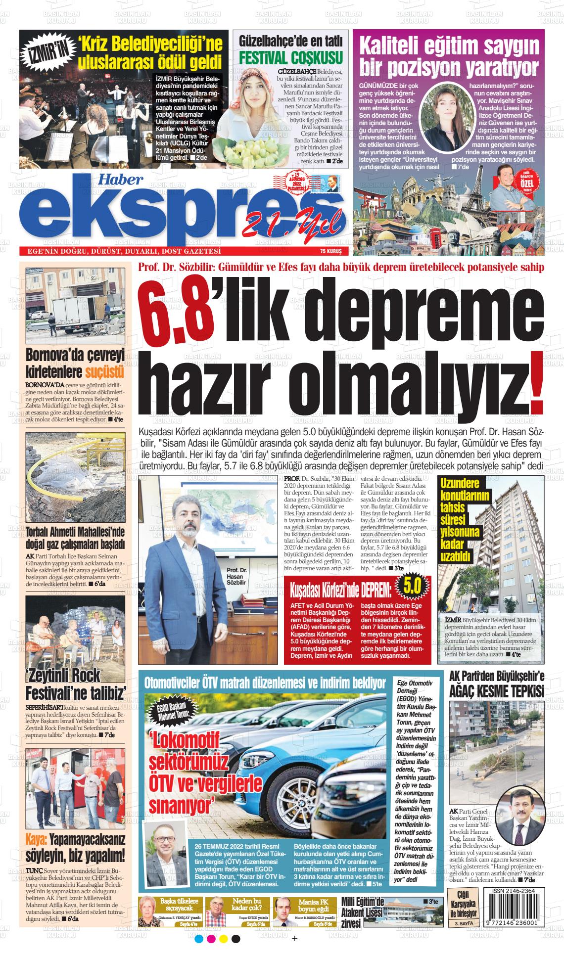 15 Ağustos 2022 Haber Ekspres Gazete Manşeti