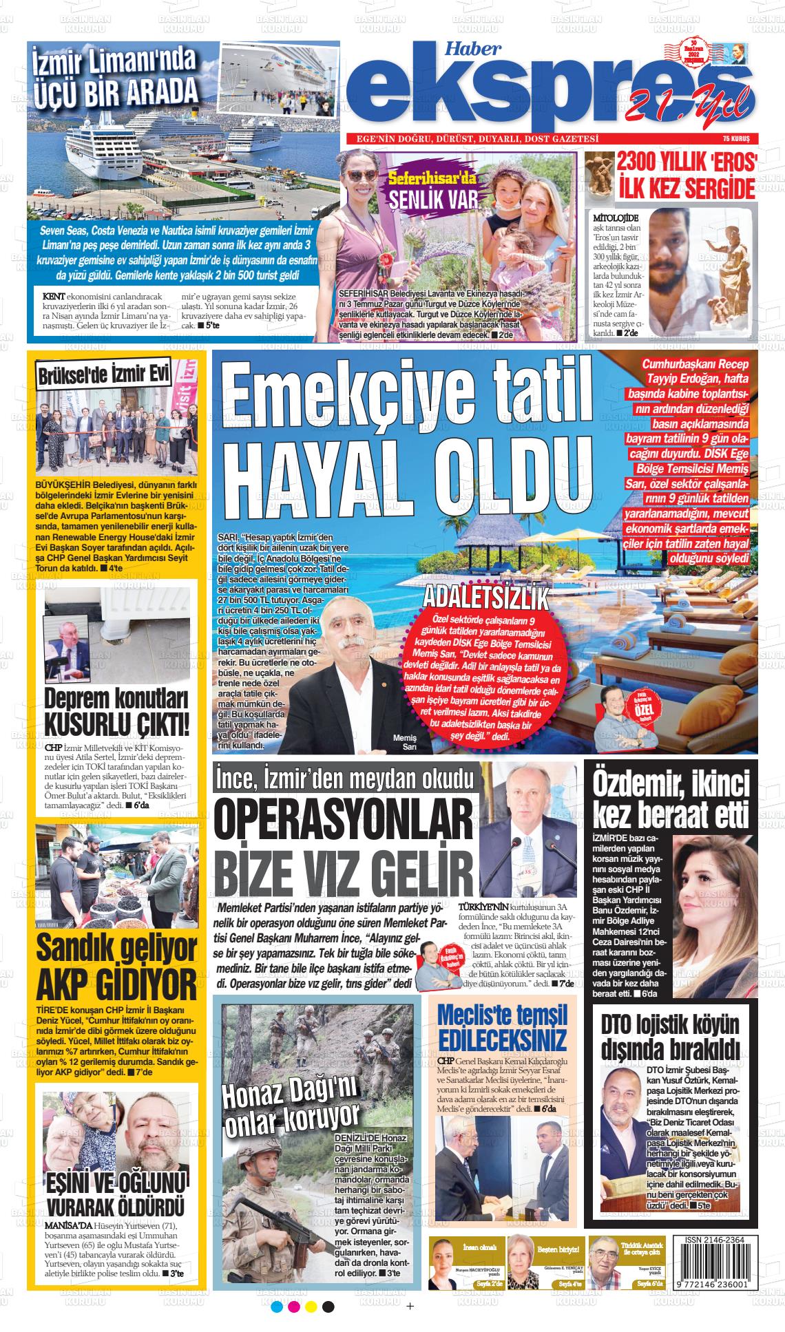 01 Temmuz 2022 Haber Ekspres Gazete Manşeti