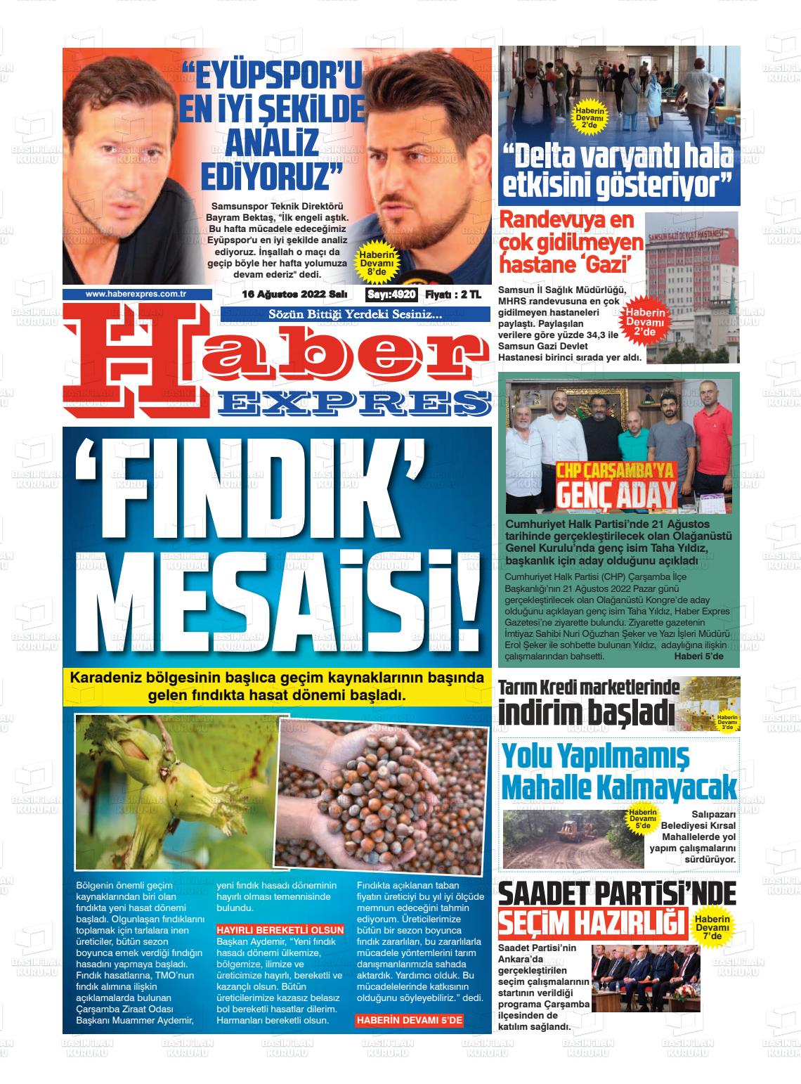 16 Ağustos 2022 Haber Expres Gazete Manşeti