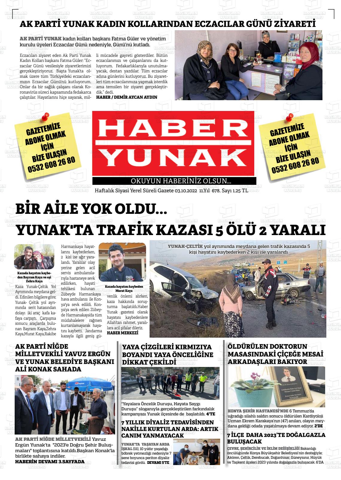 03 Ekim 2022 Haber Yunak Gazete Manşeti