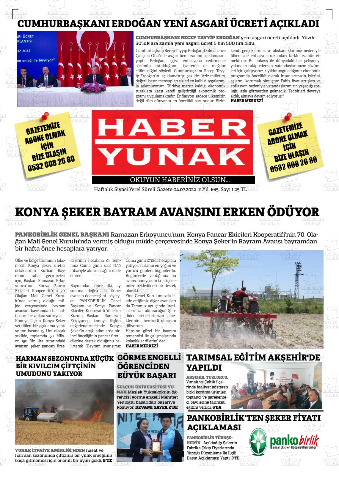 04 Temmuz 2022 Haber Yunak Gazete Manşeti
