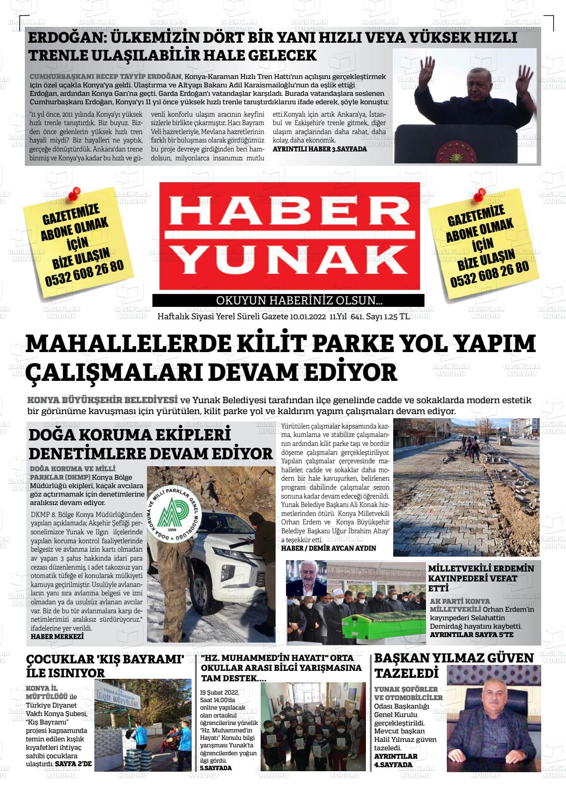 10 Ocak 2022 Haber Yunak Gazete Manşeti