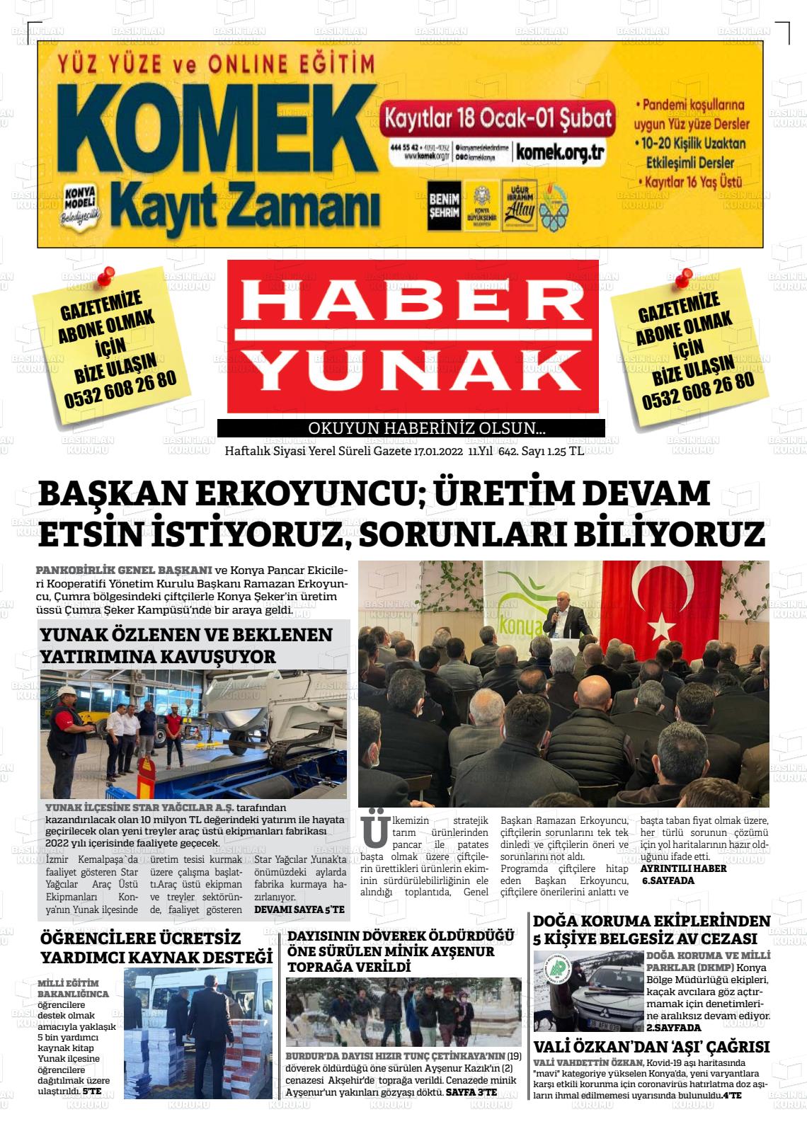 17 Ocak 2022 Haber Yunak Gazete Manşeti