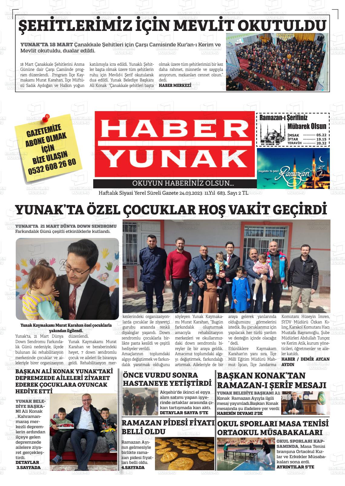 24 Mart 2023 Haber Yunak Gazete Manşeti