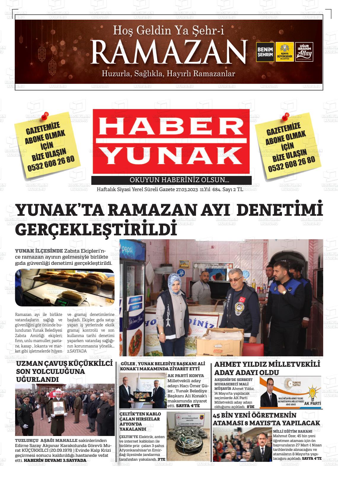 27 Mart 2023 Haber Yunak Gazete Manşeti