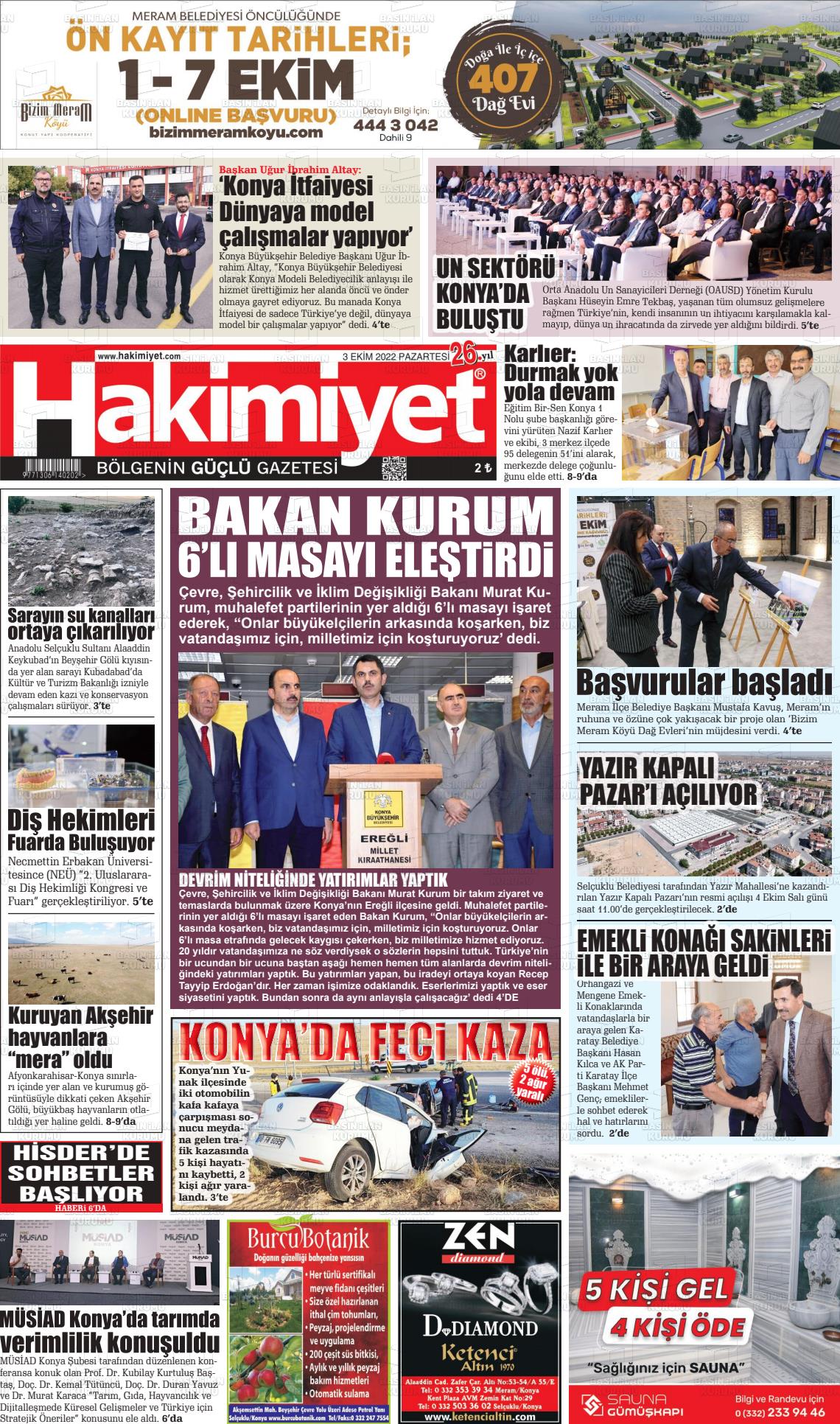 03 Ekim 2022 Konya Hakimiyet Gazete Manşeti
