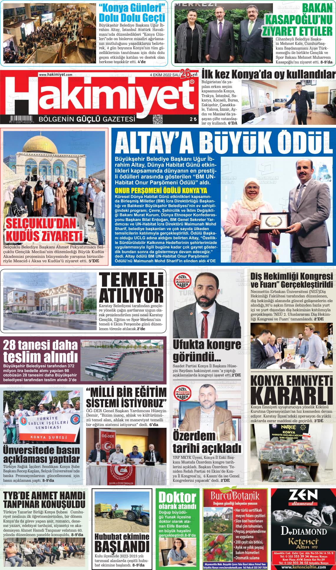 04 Ekim 2022 Konya Hakimiyet Gazete Manşeti