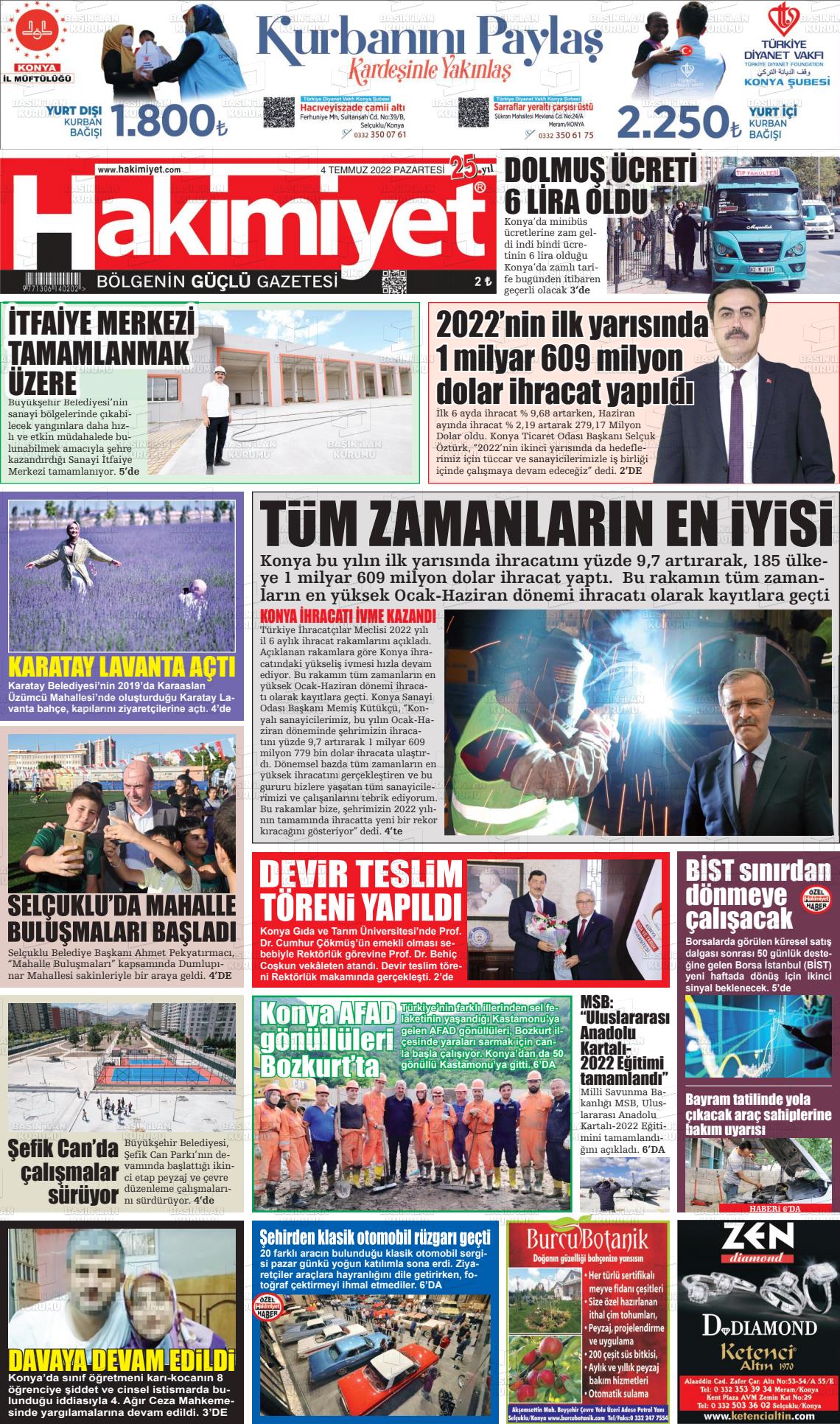 04 Temmuz 2022 Konya Hakimiyet Gazete Manşeti