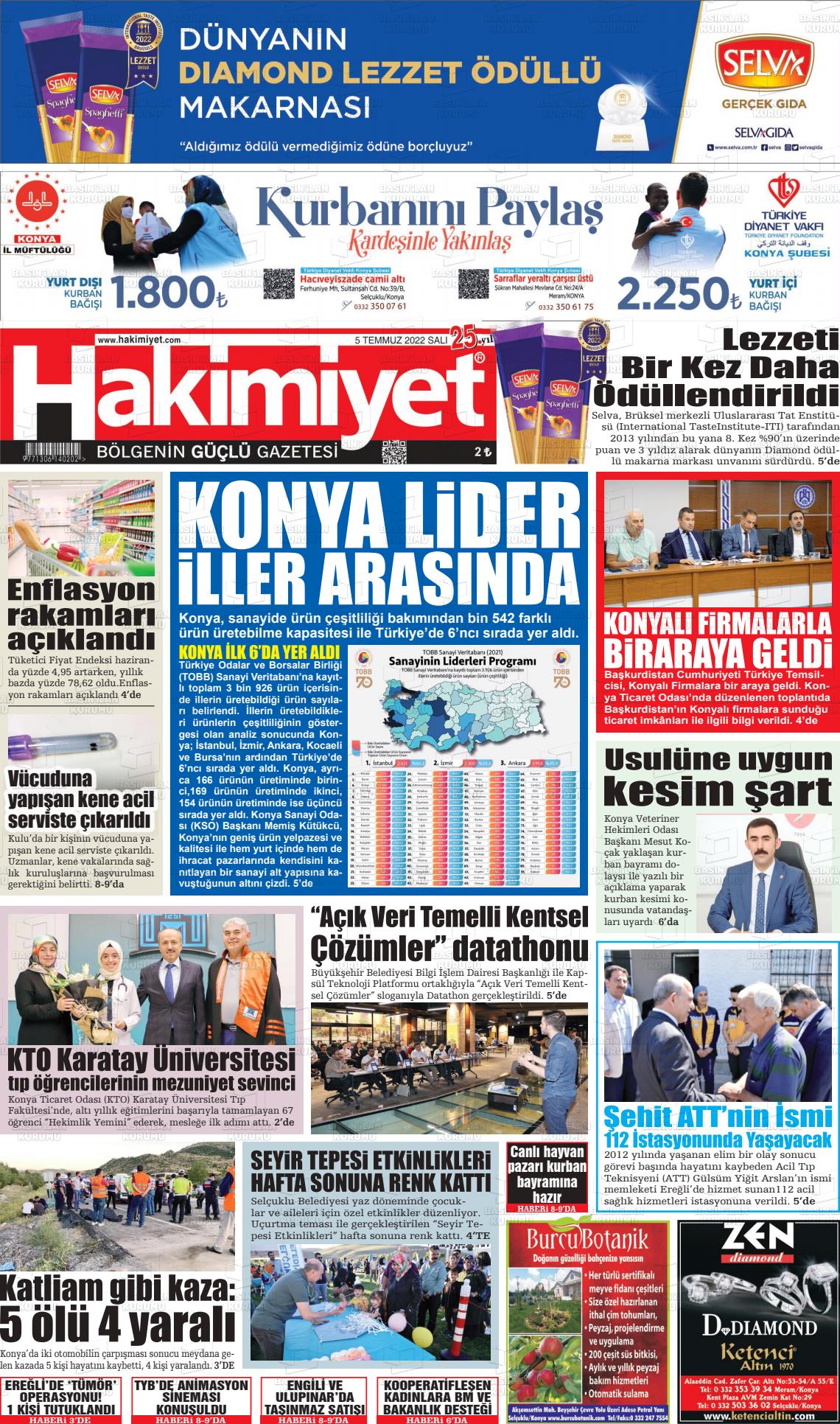 05 Temmuz 2022 Konya Hakimiyet Gazete Manşeti