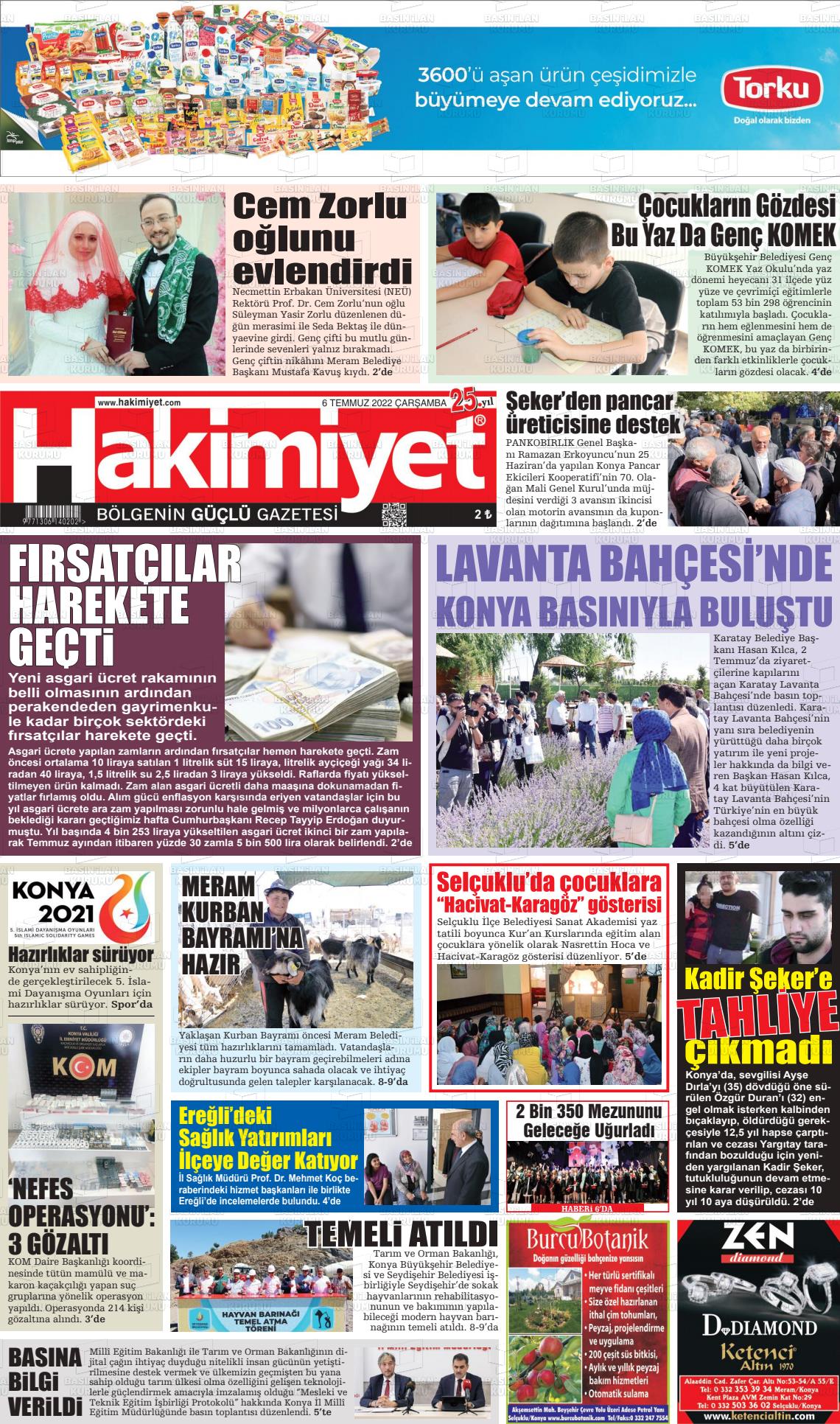 06 Temmuz 2022 Konya Hakimiyet Gazete Manşeti