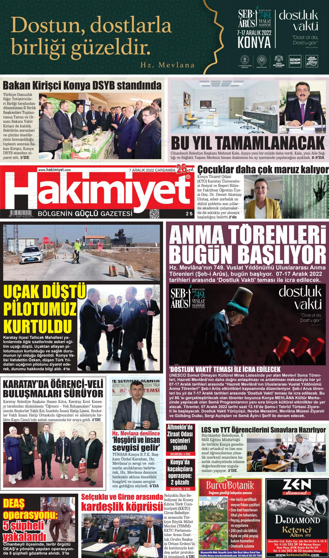 07 Aralık 2022 Konya Hakimiyet Gazete Manşeti